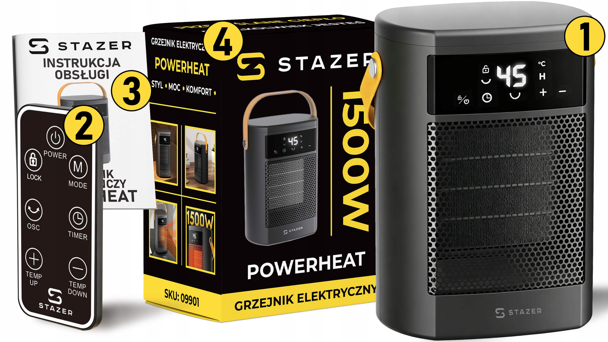 STAZER PowerHeat - Grzejnik Elektryczny Farelka Termowentylator, Nagrzewnica + Pilot, Timer, 1500W