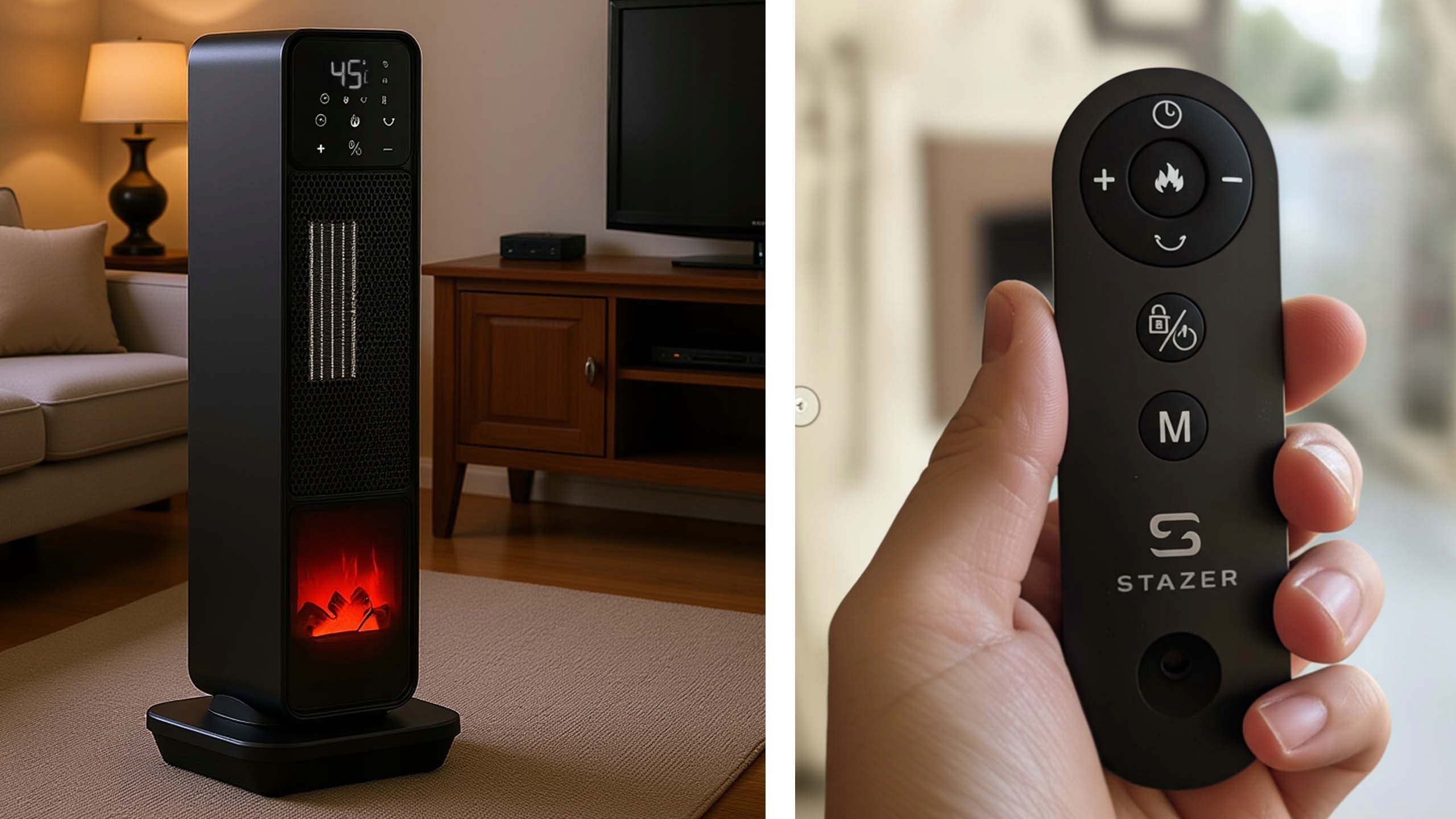 STAZER TURBOWARM – Termowentylator Kolumnowy, Grzejnik Elektryczny Kominek Farelka 2200W z Termostatem, Timerem i Pilotem