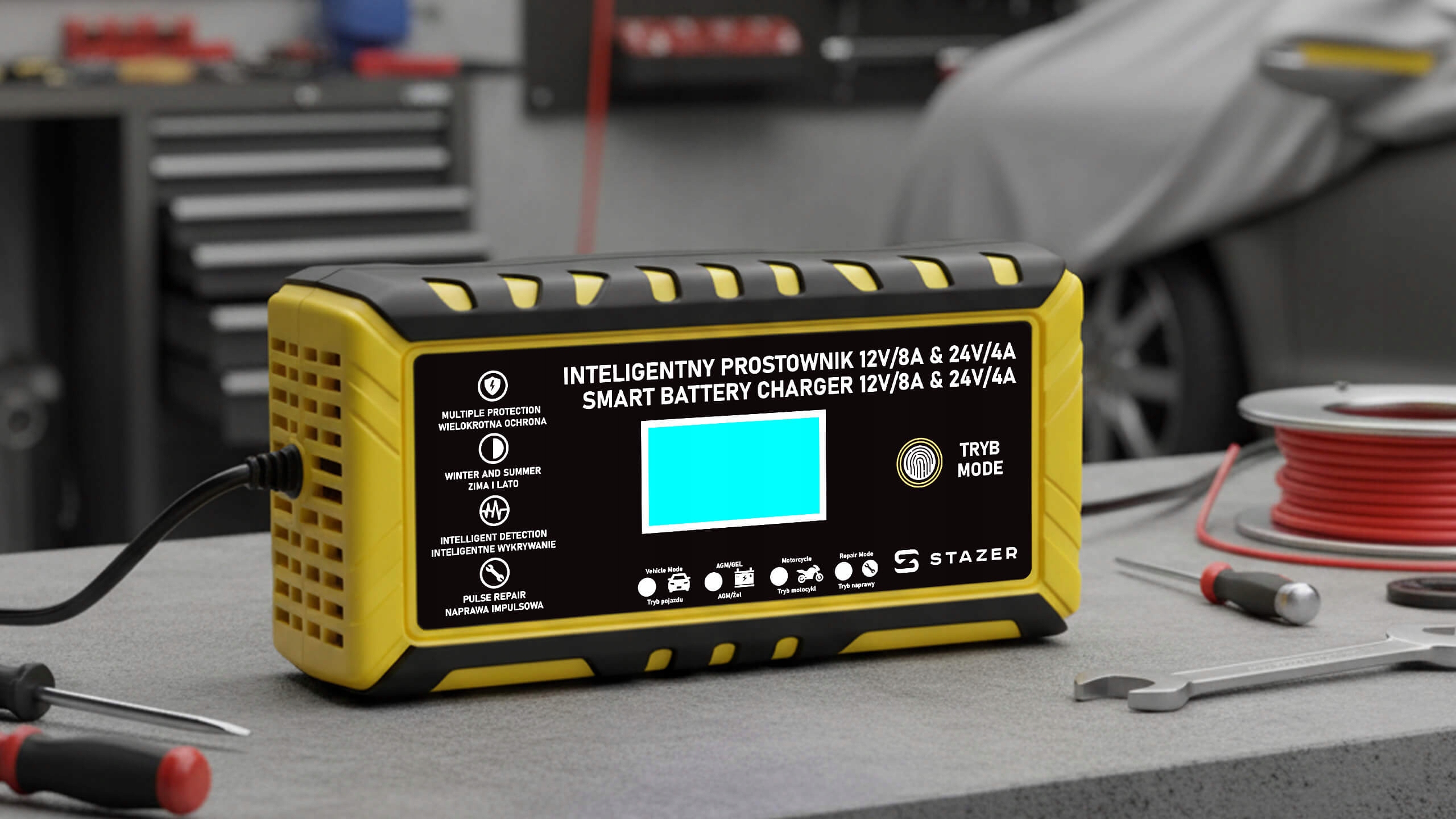 Prostownik samochodowy do ładowania akumulatorów, AGM, żelowe, kwasowe, z funkcją naprawy 12v/8a 24v/4a LCD