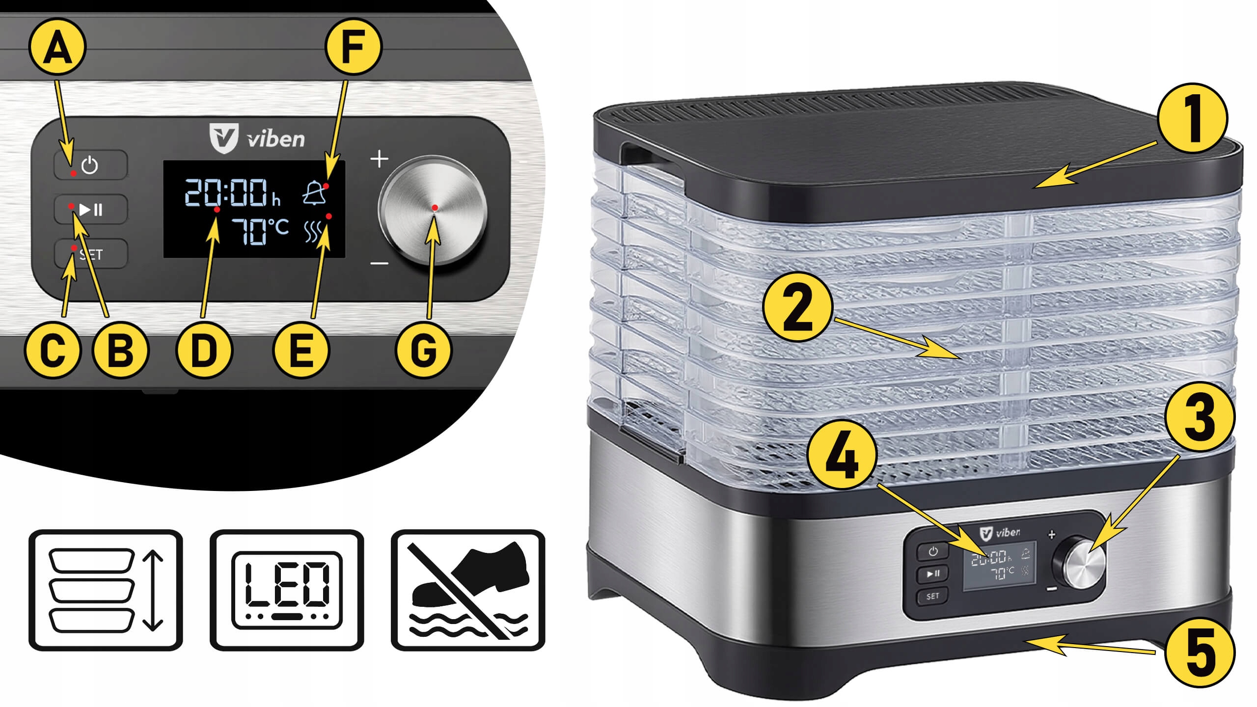 Suszarka do żywności viben DeHydroX 450W – cicha suszarka do grzybów, owoców i warzyw z timerem, 6 sit + dodatki
