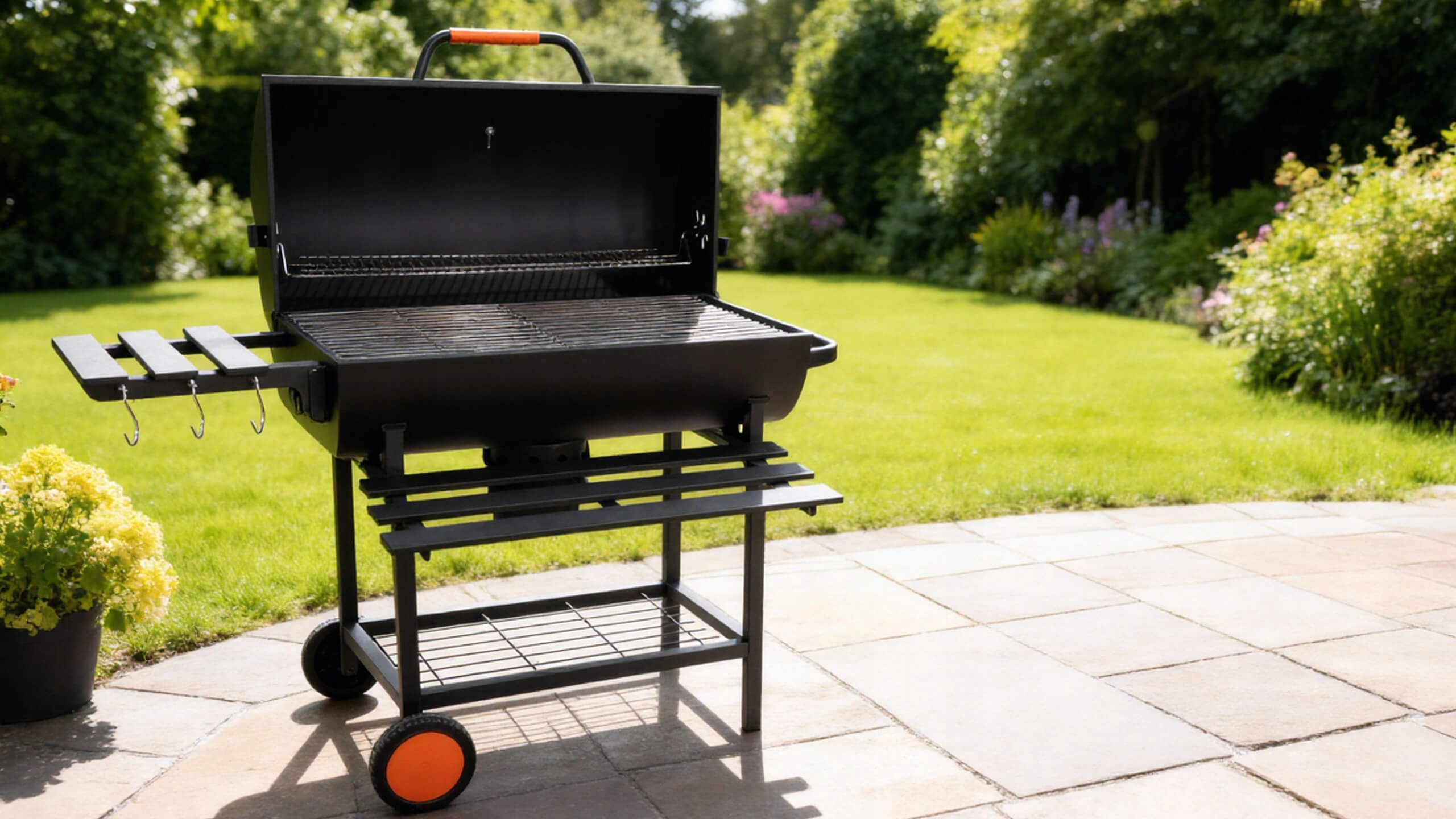 VIBEN FIRETUBE PRO - duży grill węglowy ogrodowy z pokrywą, 2 ruszty, popielnik, termometr, stal, 2 półki