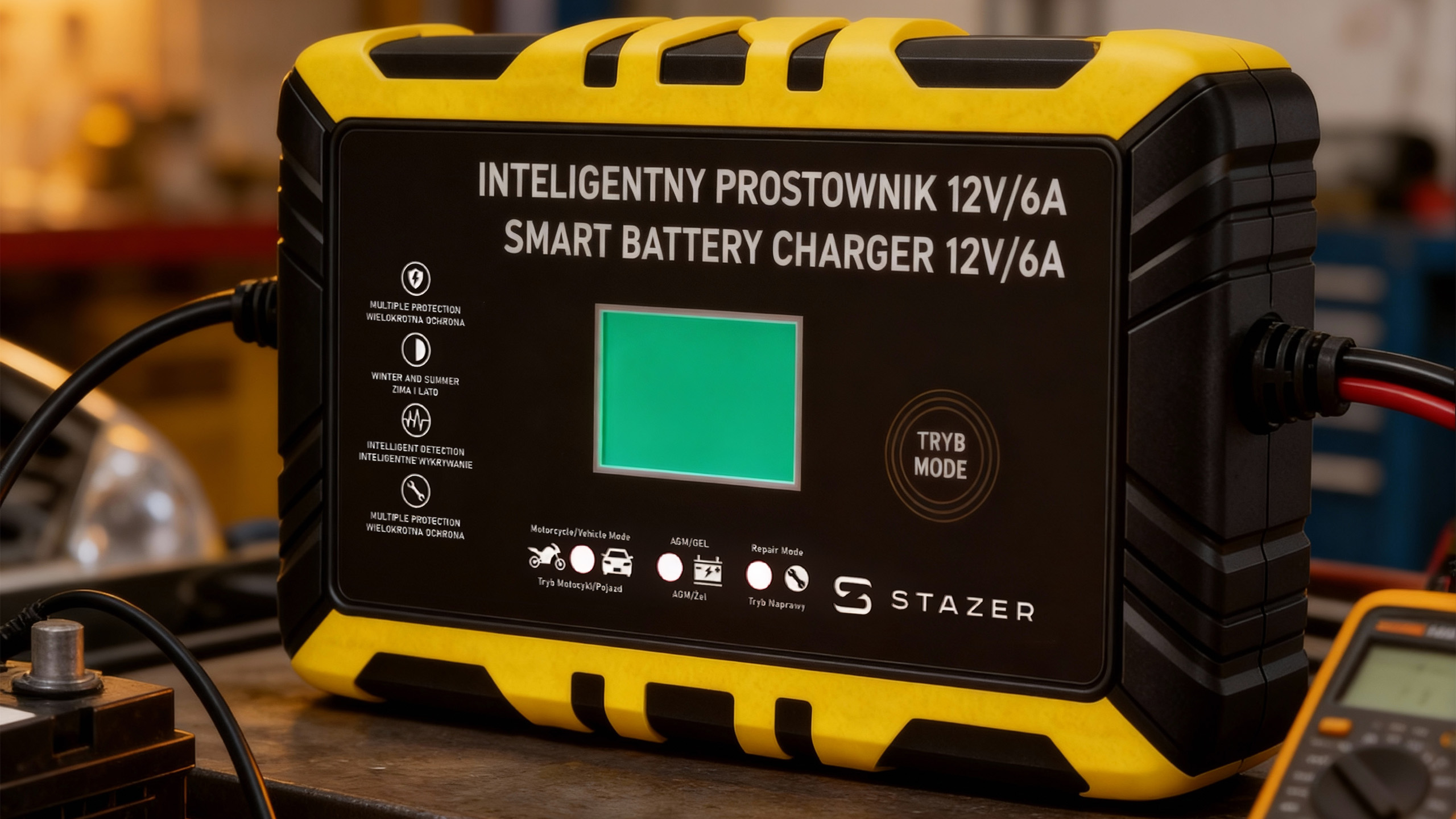 Prostownik samochodowy do ładowania akumulatorów, AGM, żelowe, kwasowe, z funkcją naprawy 12v/6A lcd