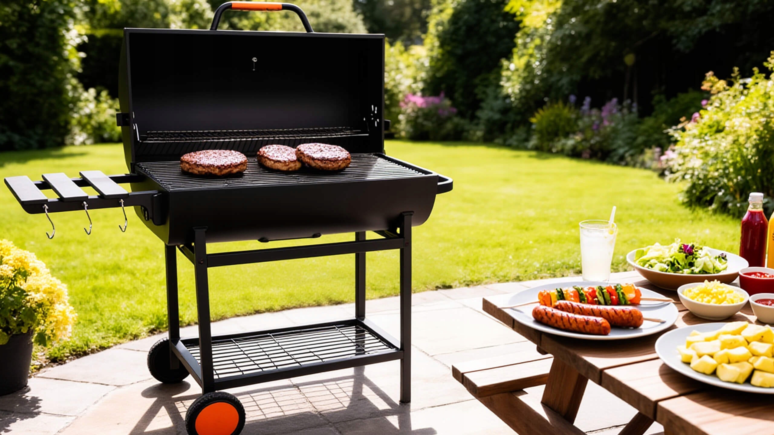 VIBEN FIRETUBE PRO - duży grill węglowy ogrodowy z pokrywą, 2 ruszty, popielnik, termometr, stal, 2 półki