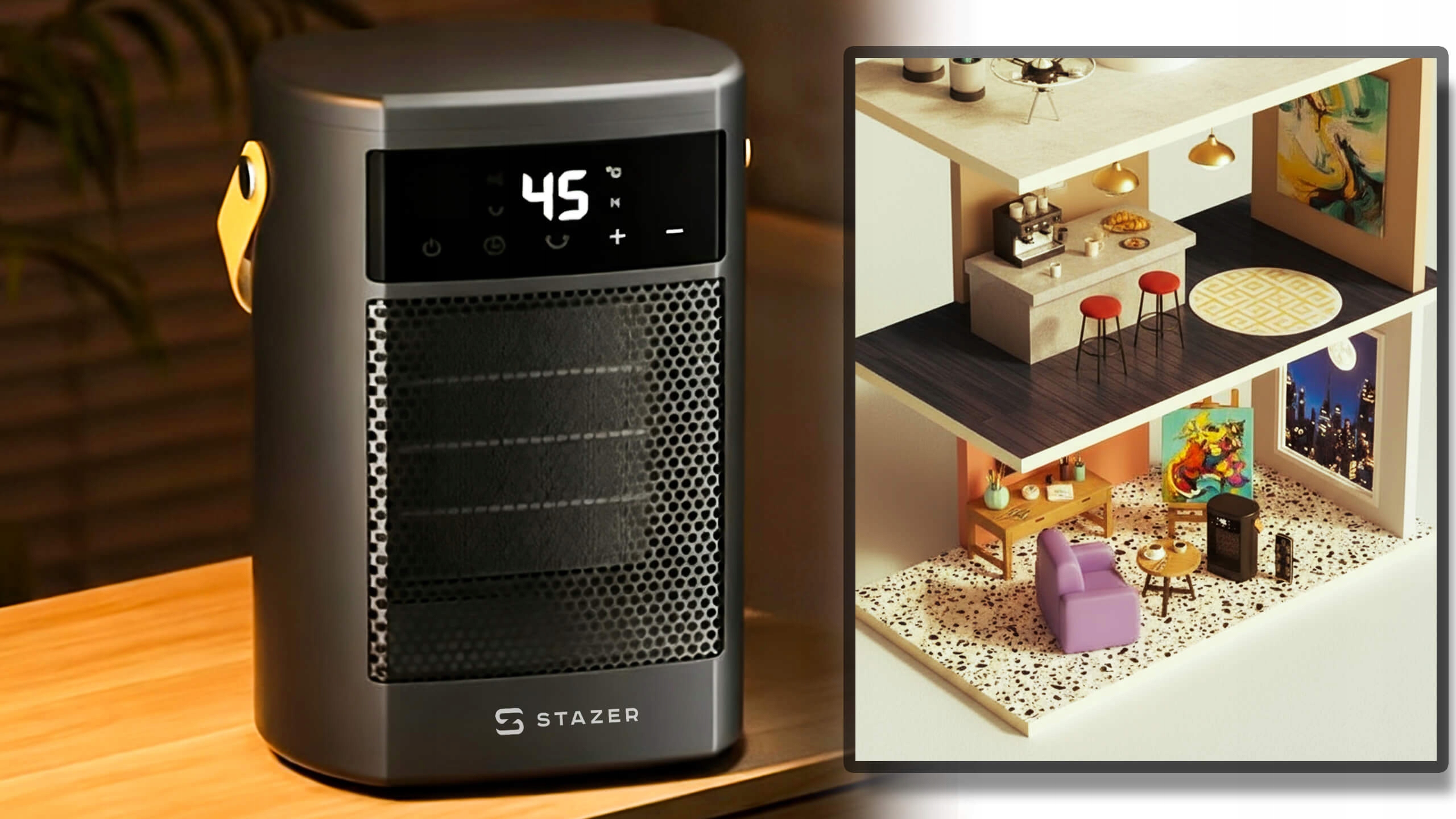 STAZER PowerHeat - Grzejnik Elektryczny Farelka Termowentylator, Nagrzewnica + Pilot, Timer, 1500W