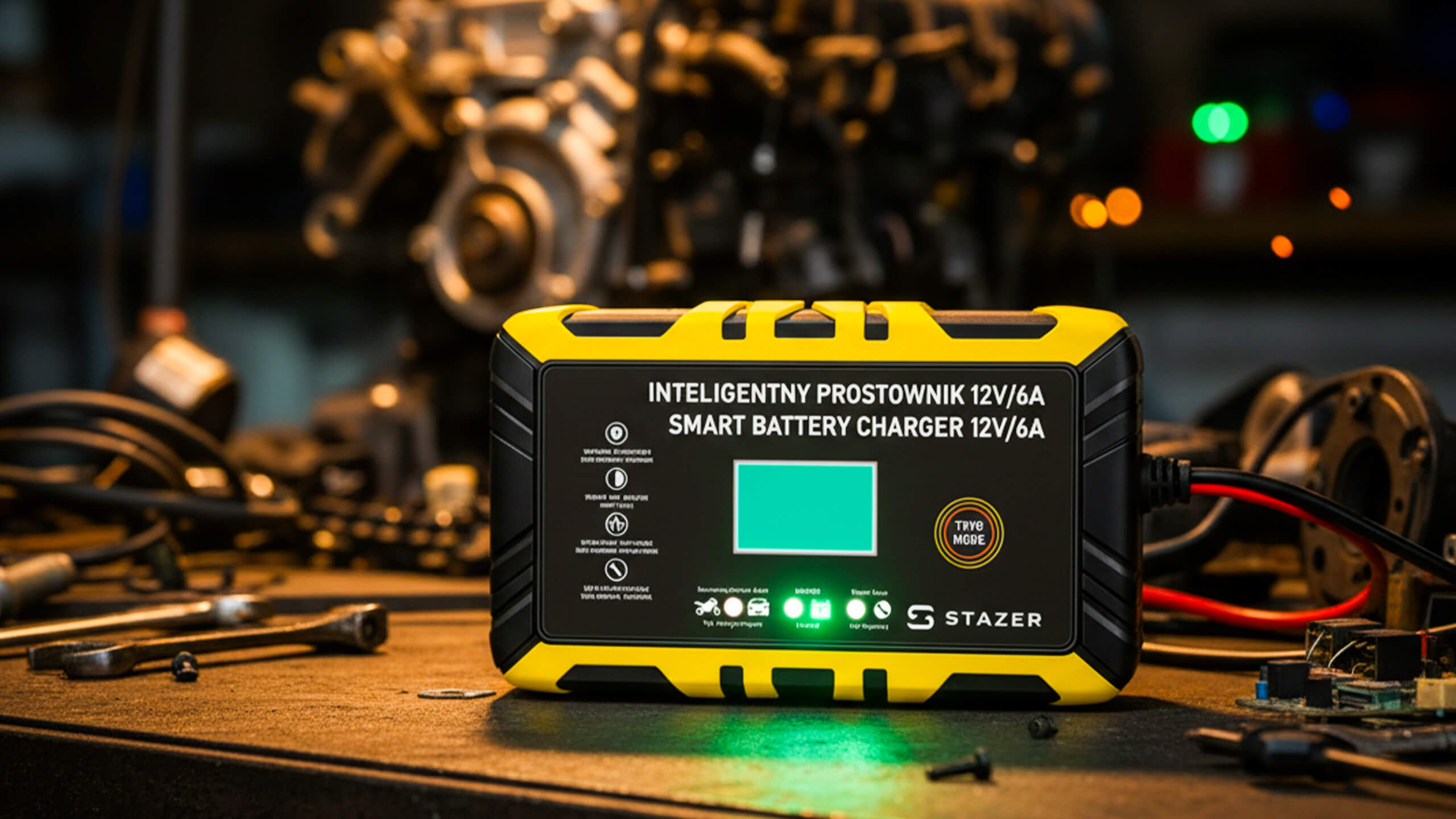 Prostownik samochodowy do ładowania akumulatorów, AGM, żelowe, kwasowe, z funkcją naprawy 12v/6A lcd