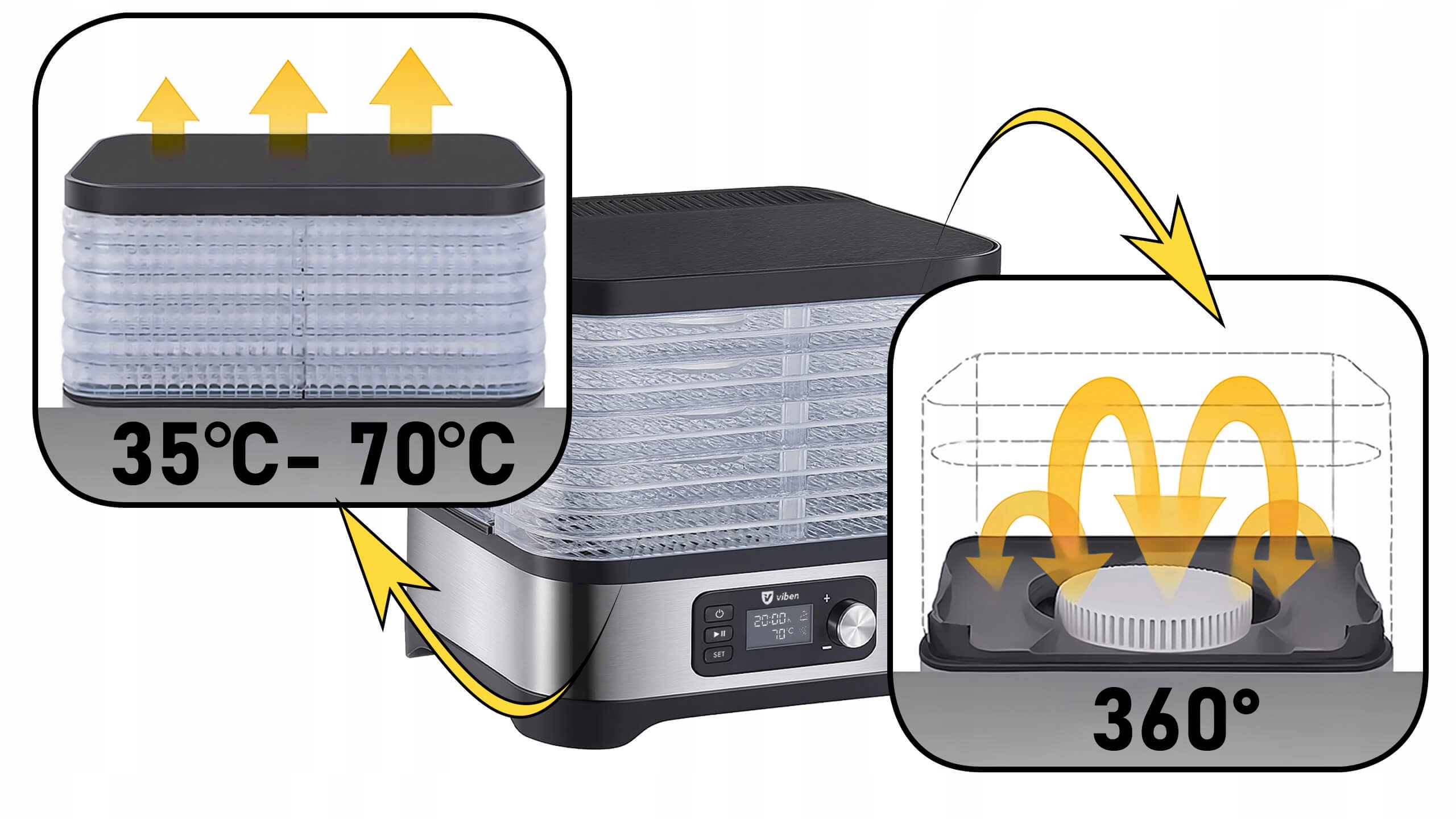Suszarka do żywności viben DeHydroX 450W – cicha suszarka do grzybów, owoców i warzyw z timerem, 6 sit + dodatki