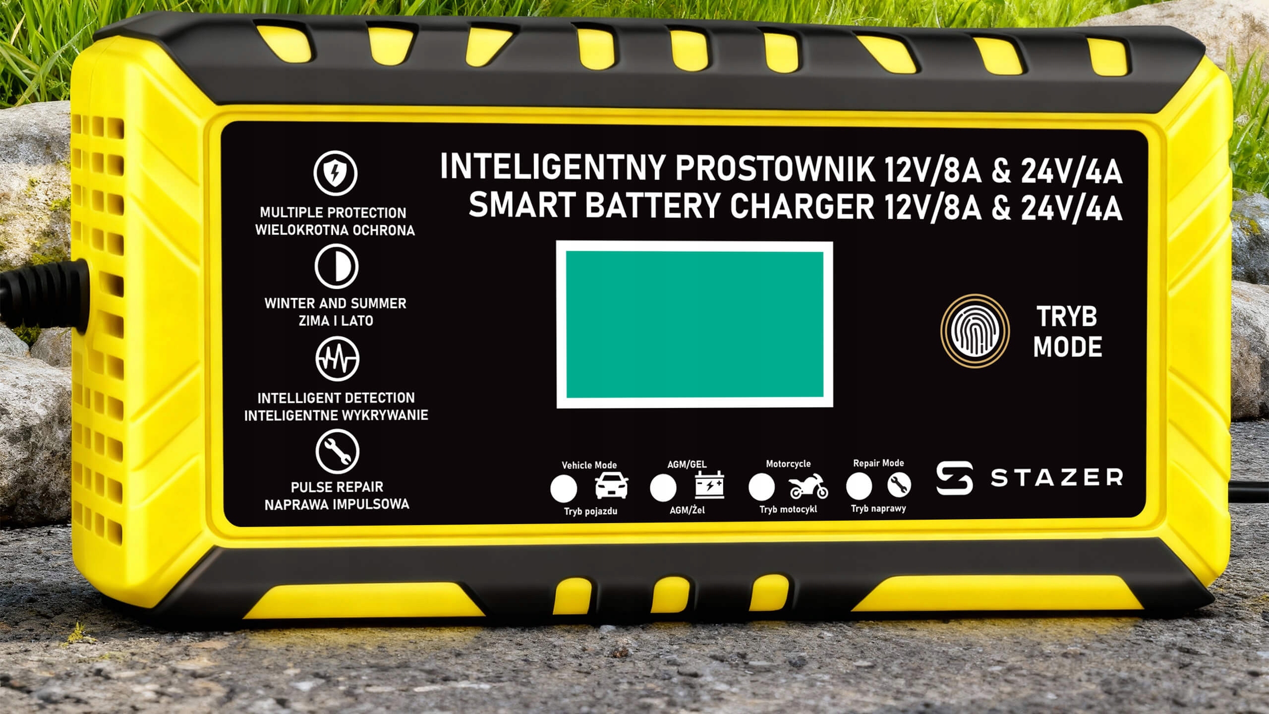 Prostownik samochodowy do ładowania akumulatorów, AGM, żelowe, kwasowe, z funkcją naprawy 12v/8a 24v/4a LCD