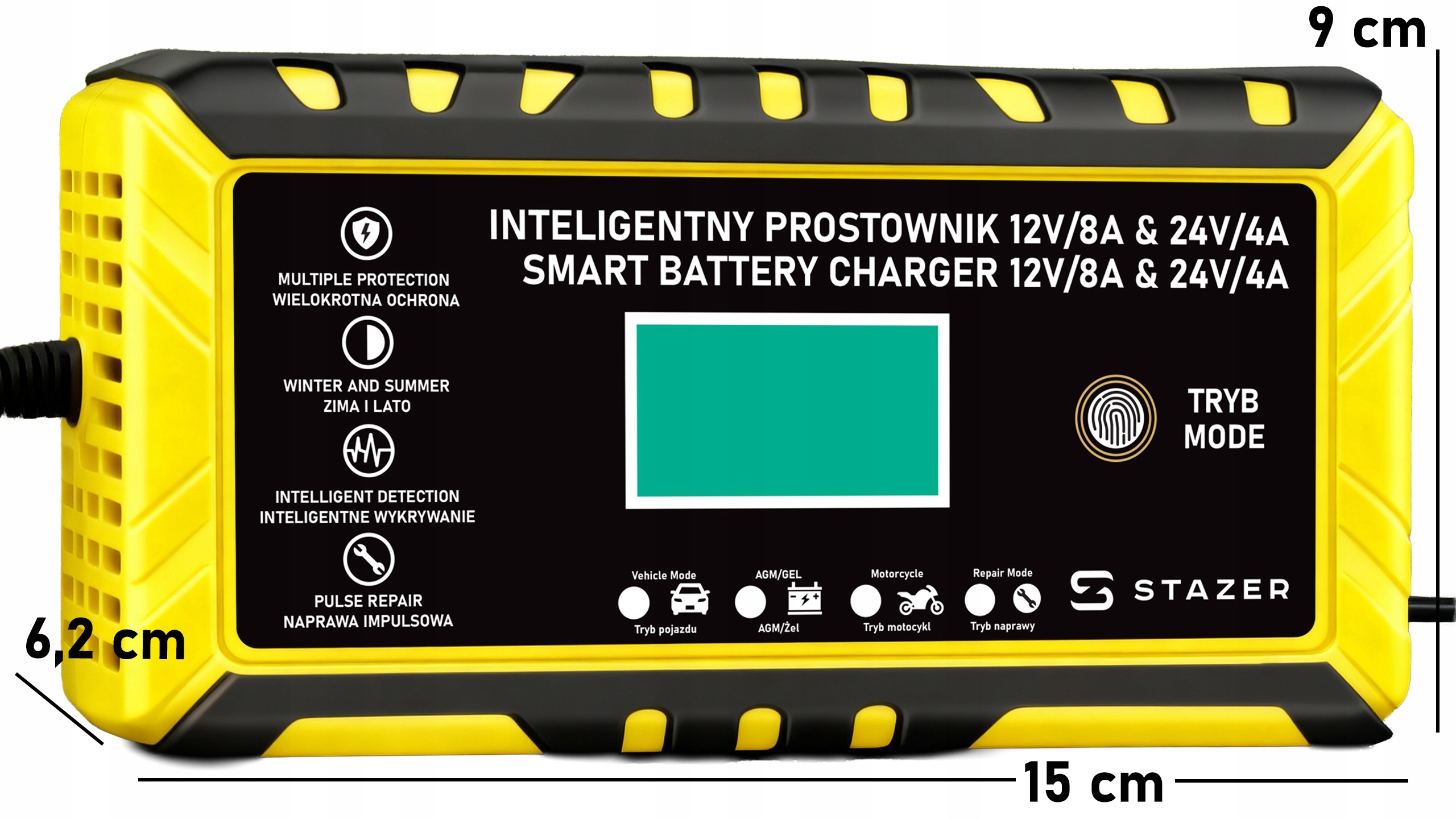 Prostownik samochodowy do ładowania akumulatorów, AGM, żelowe, kwasowe, z funkcją naprawy 12v/8a 24v/4a LCD