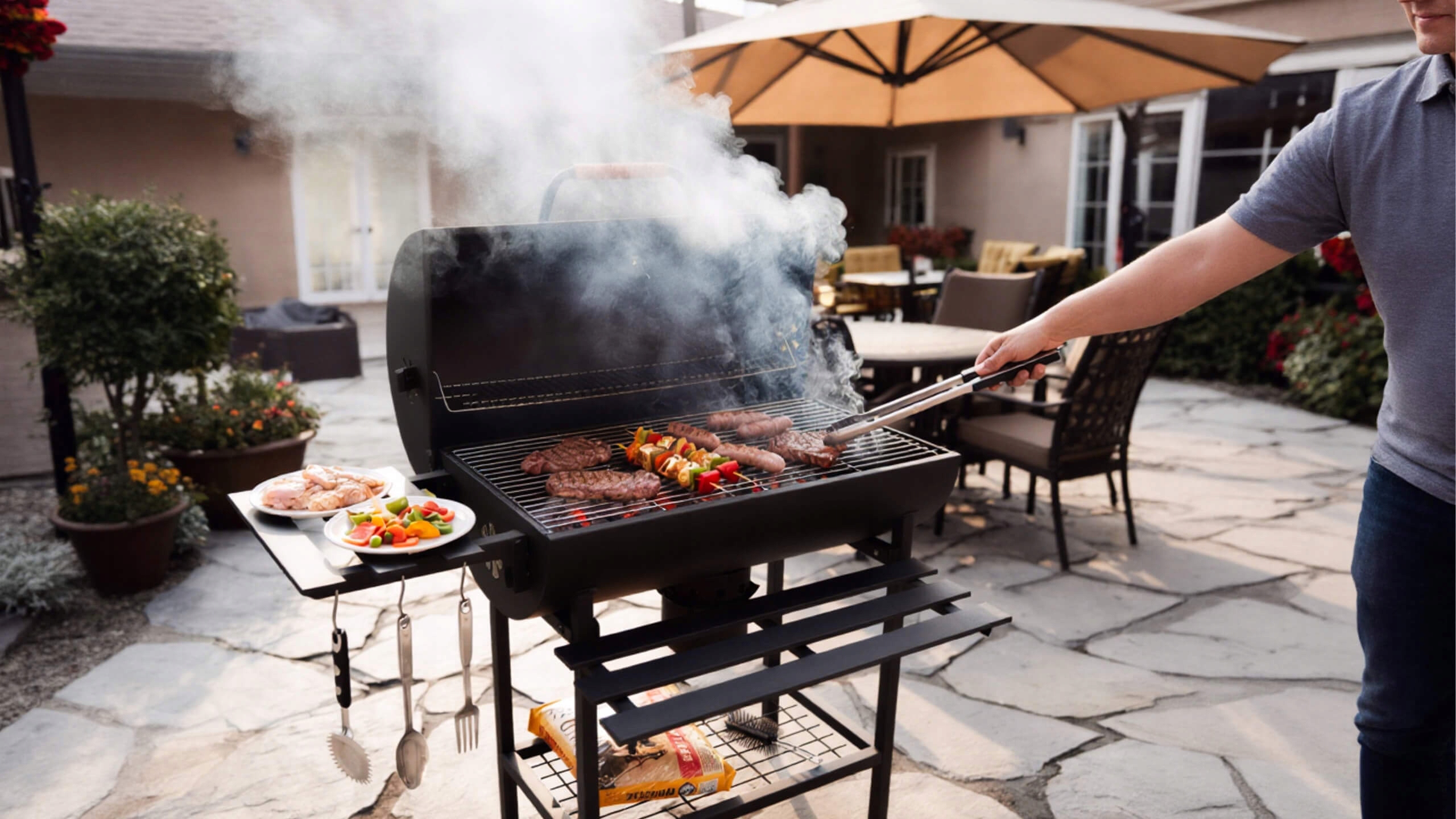 VIBEN FIRETUBE PRO - duży grill węglowy ogrodowy z pokrywą, 2 ruszty, popielnik, termometr, stal, 2 półki