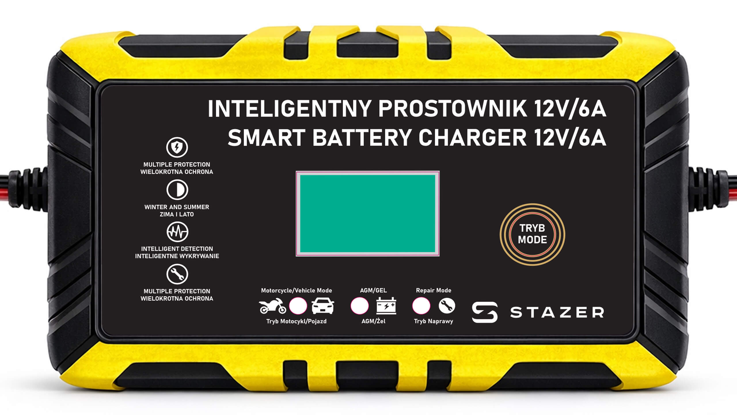 Prostownik samochodowy do ładowania akumulatorów, AGM, żelowe, kwasowe, z funkcją naprawy 12v/6A lcd