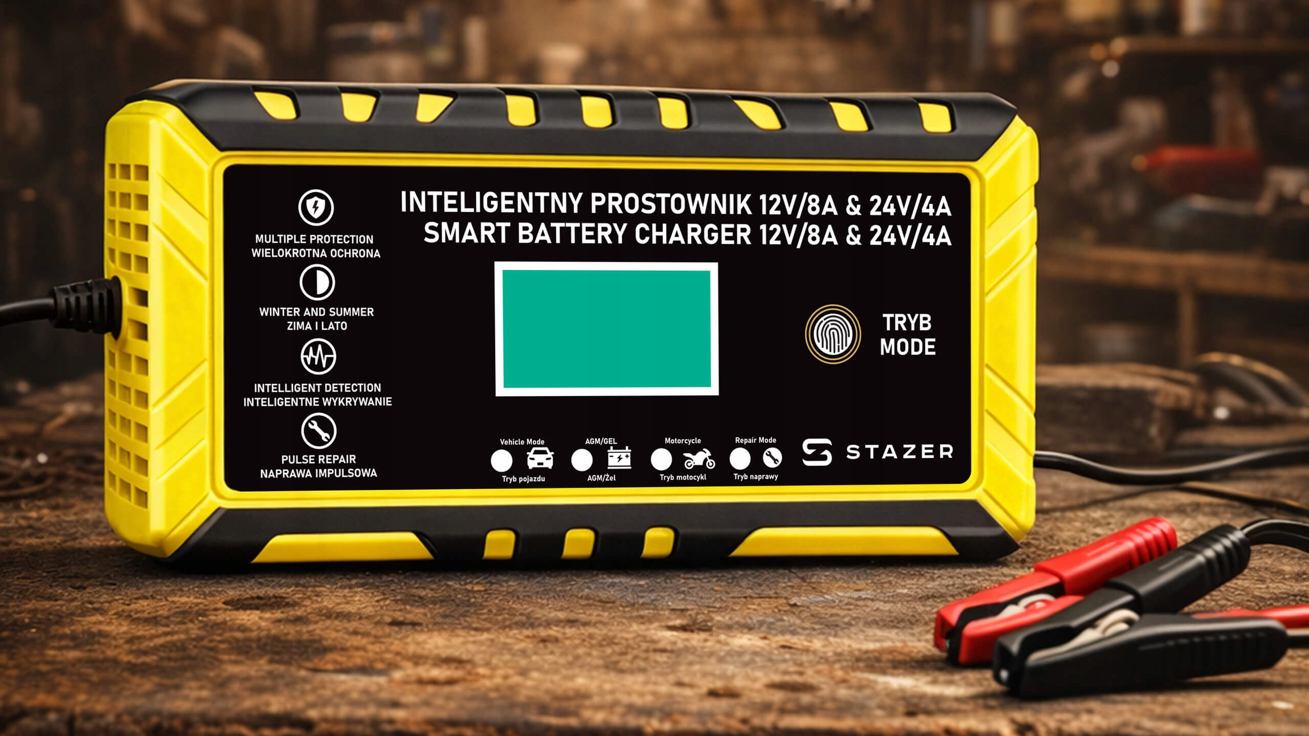 Prostownik samochodowy do ładowania akumulatorów, AGM, żelowe, kwasowe, z funkcją naprawy 12v/8a 24v/4a LCD