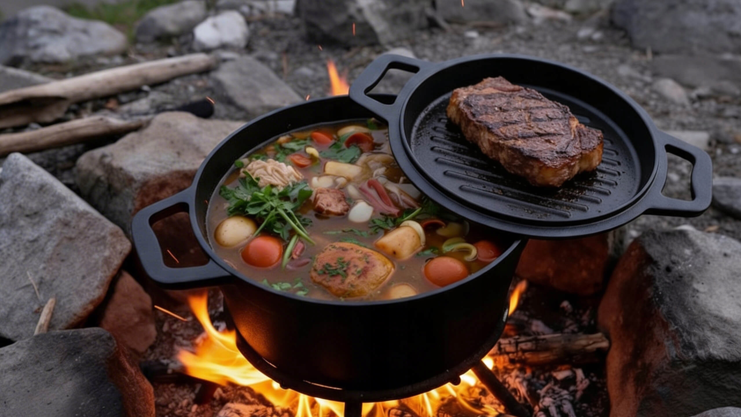 Kociołek żeliwny z patelnią garnek myśliwski węgierski na ognisko grill 8l