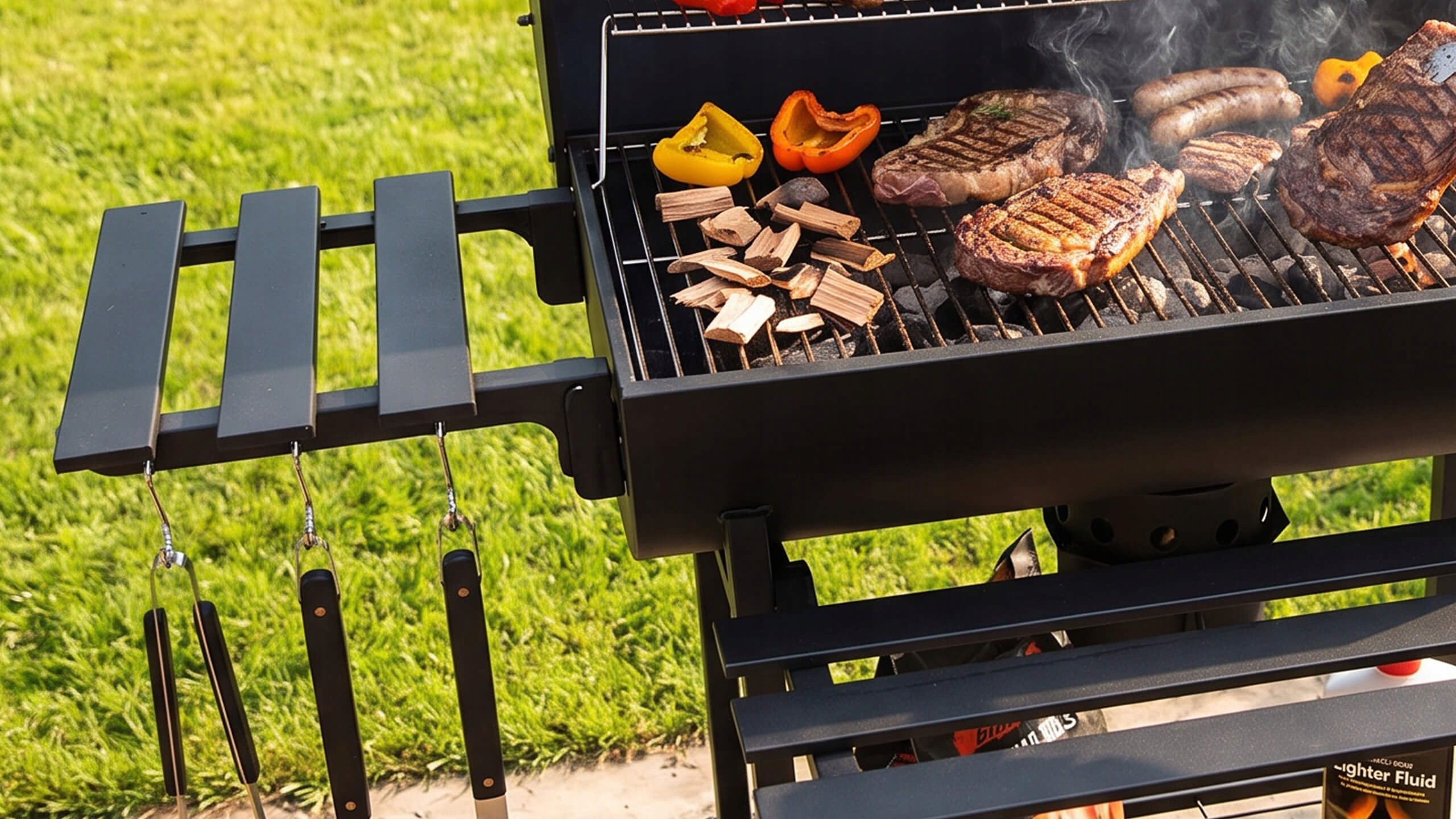 VIBEN FIRETUBE PRO - duży grill węglowy ogrodowy z pokrywą, 2 ruszty, popielnik, termometr, stal, 2 półki