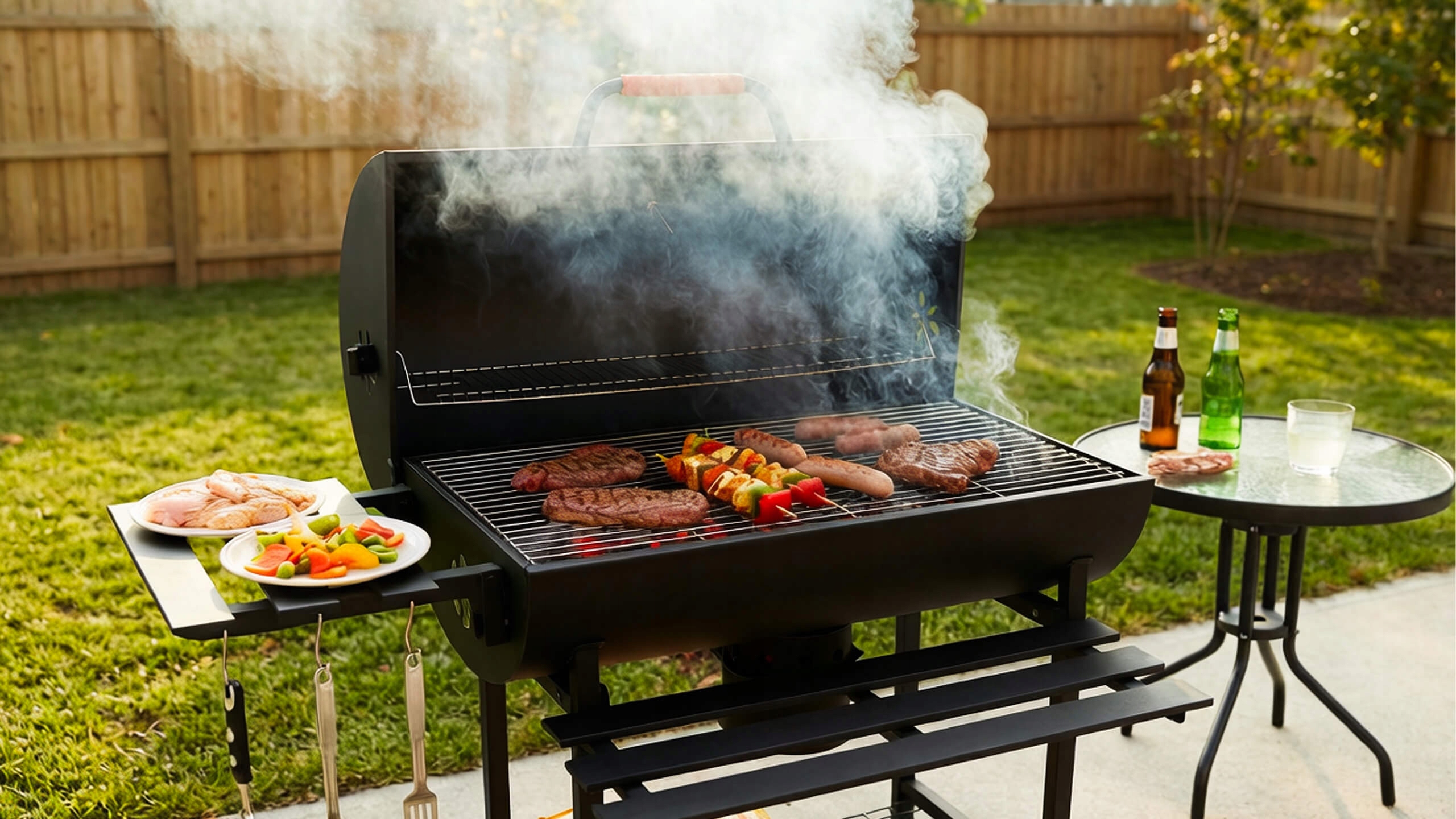 VIBEN FIRETUBE PRO - duży grill węglowy ogrodowy z pokrywą, 2 ruszty, popielnik, termometr, stal, 2 półki