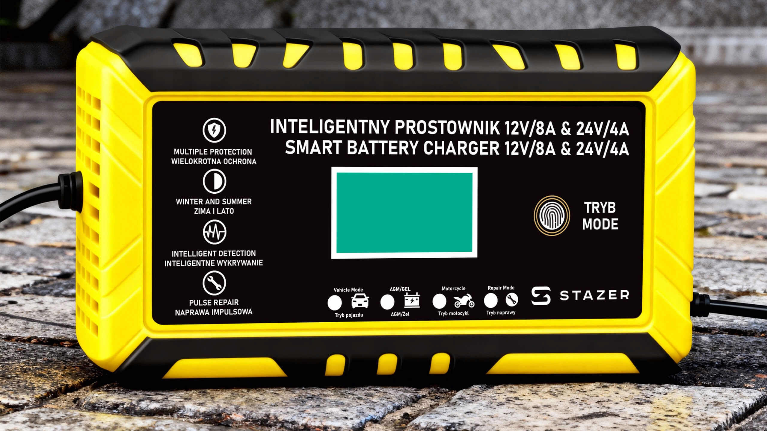 Prostownik samochodowy do ładowania akumulatorów, AGM, żelowe, kwasowe, z funkcją naprawy 12v/8a 24v/4a LCD