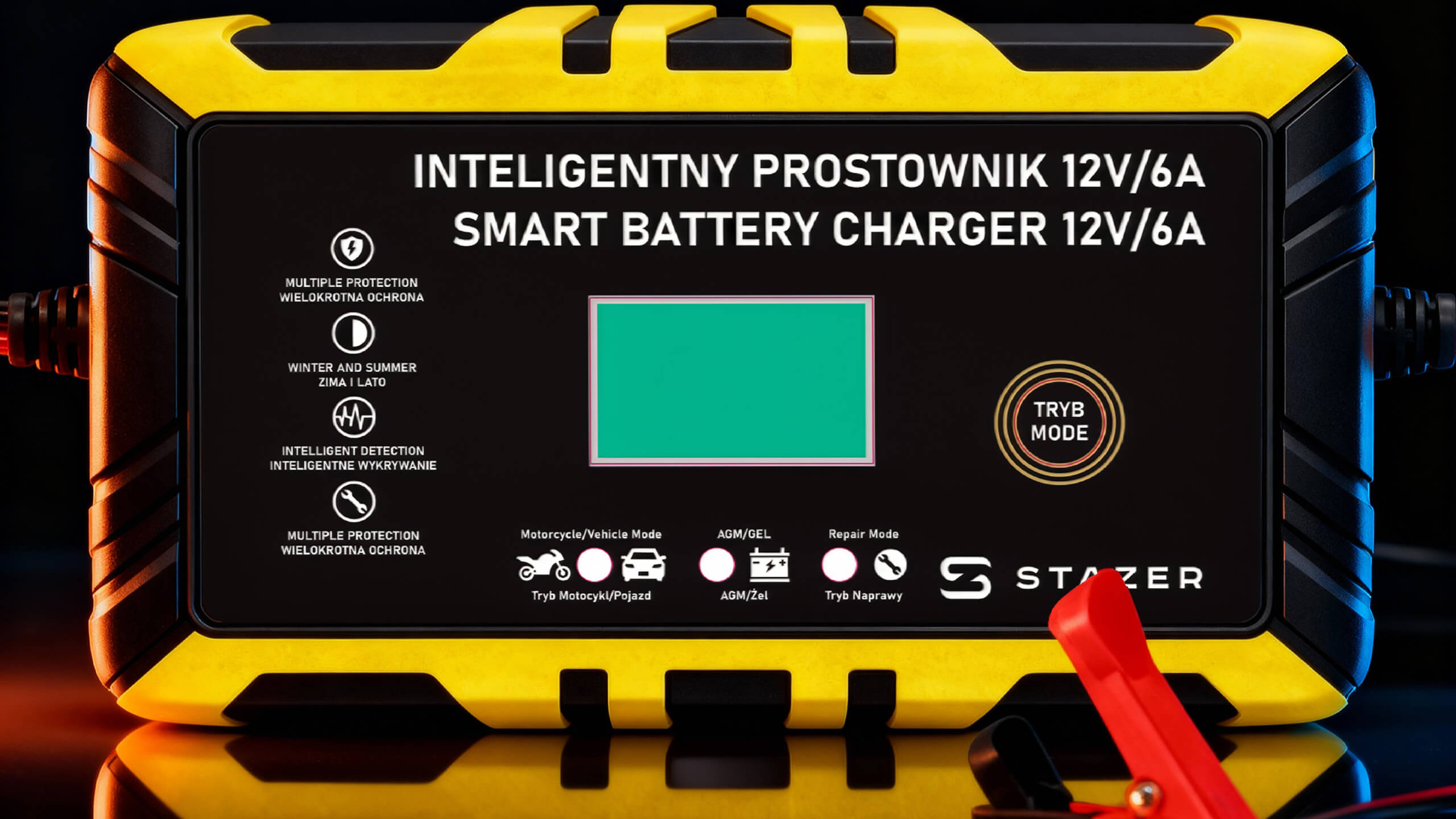 Prostownik samochodowy do ładowania akumulatorów, AGM, żelowe, kwasowe, z funkcją naprawy 12v/6A lcd