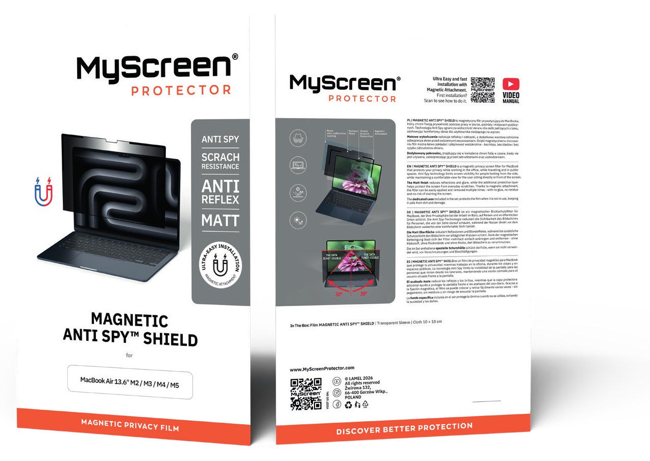 Opakowanie magnetycznej folii prywatyzującej MAGNETIC ANTI SPY SHIELD do MacBooka – przód i tył