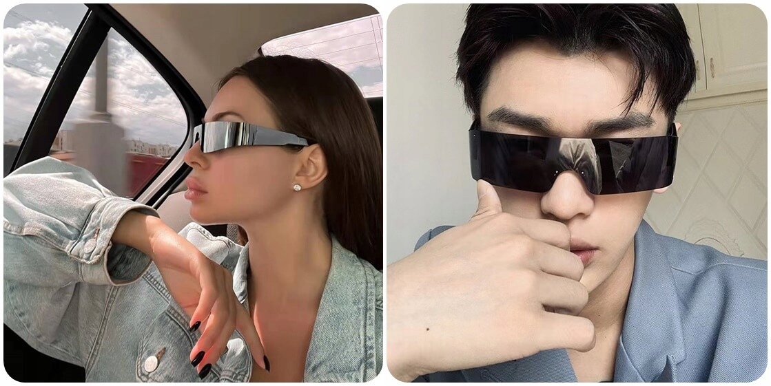 Futurystyczne OKULARY PRZECIWSŁONECZNE CZARNE Imprezowe UV400 + Etui