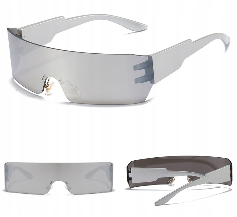 Futurystyczne OKULARY PRZECIWSŁONECZNE SREBRNE Imprezowe UV400 + Etui
