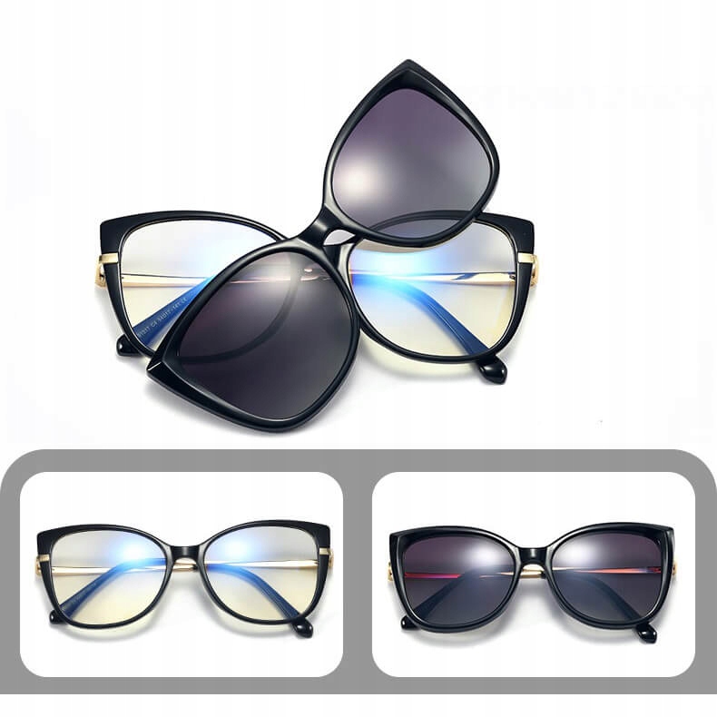 DAMSKIE Okulary 2w1 CLIP-ON Zerówki do KOMPUTERA +NAKŁADKA PRZECIWSŁONECZNA