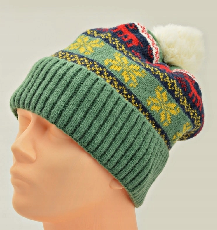 CZAPKA ZIMOWA z POMPONEM Zielona WYGODNA Miękka OCIEPLANA męska damska