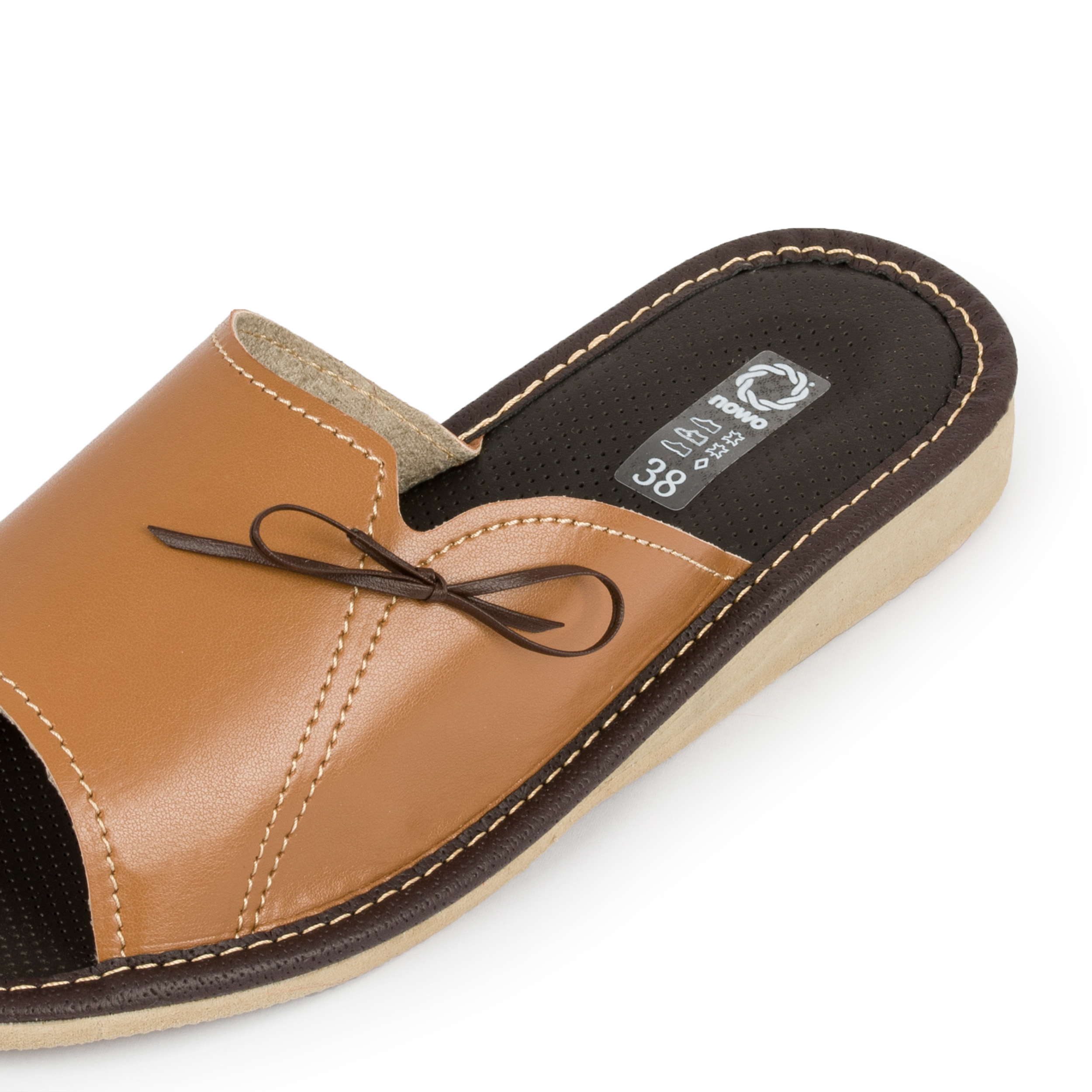 Damskie pantofle kapcie brązowe skóra kokardka 41