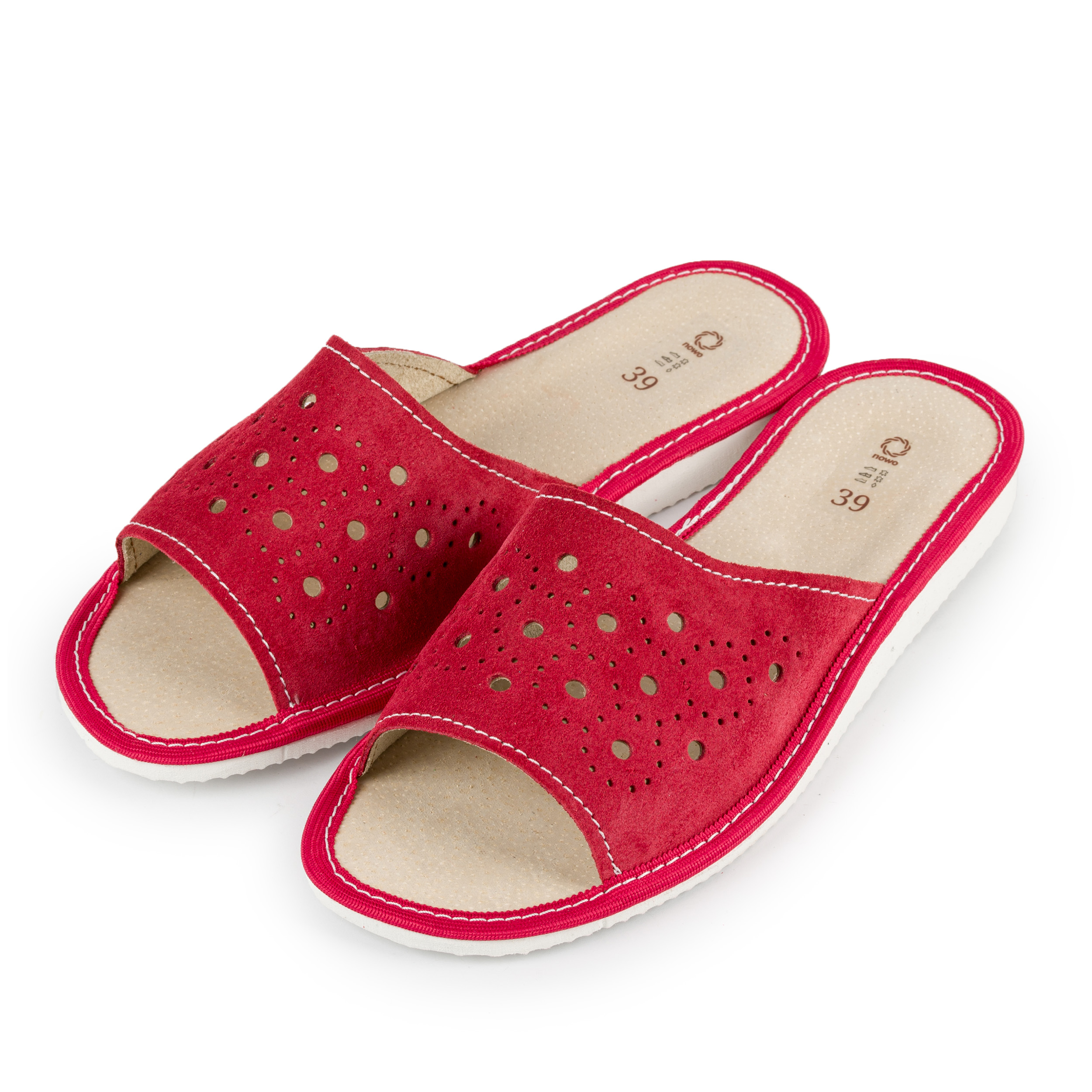 Kapcie damskie ażurowe czerwone zamsz skóra