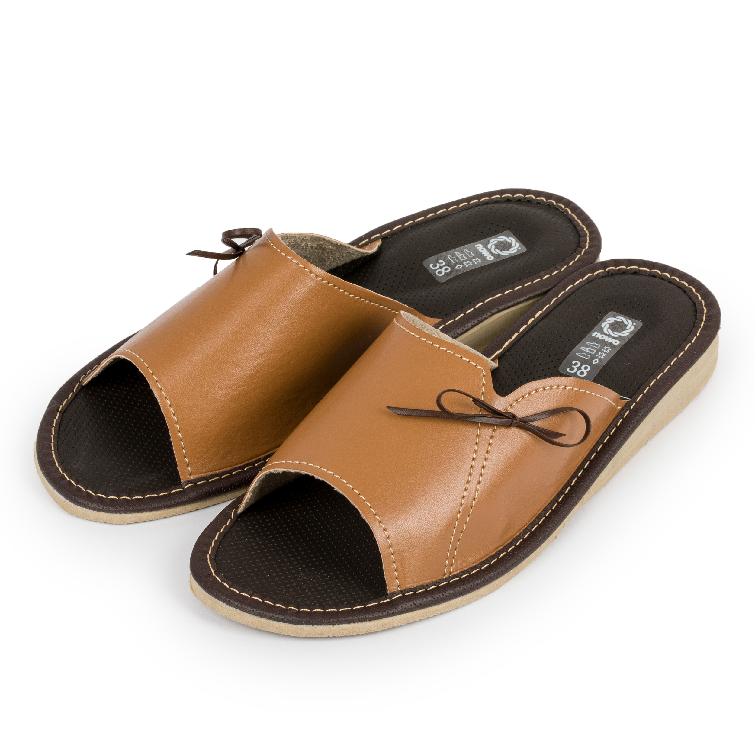 Damskie pantofle kapcie brązowe skóra kokardka 41