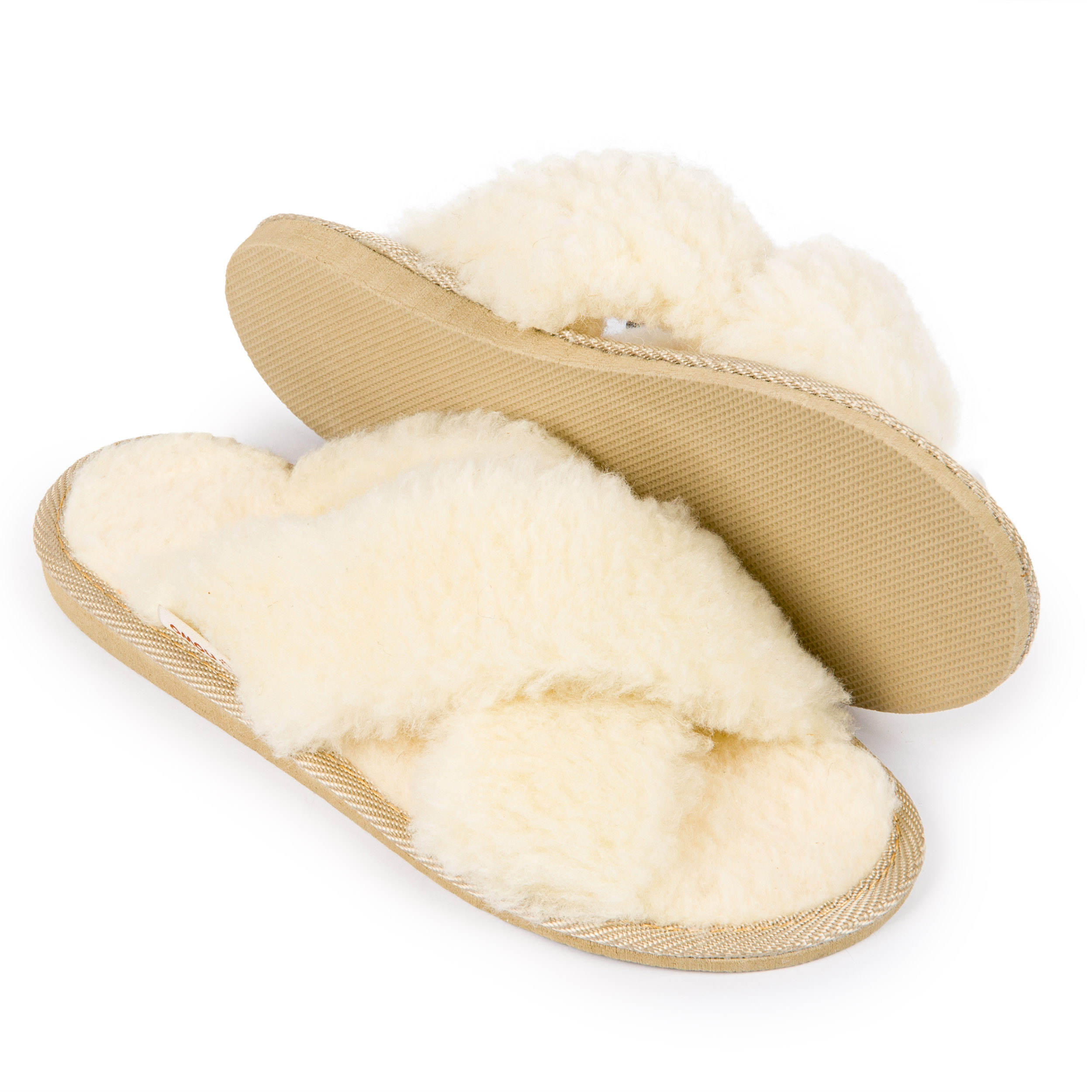 Kapcie klapki damskie puchate krzyżak ecru eleganckie klapki 36