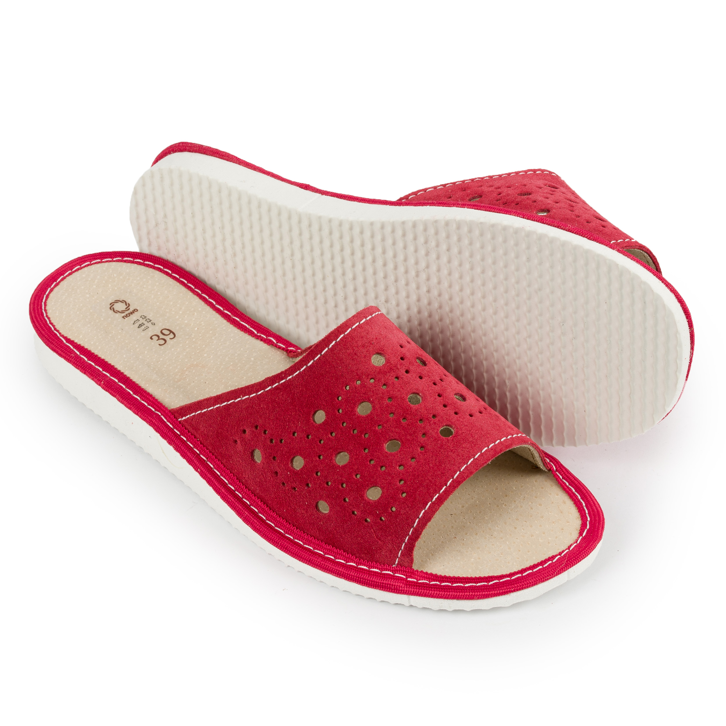 Kapcie damskie ażurowe czerwone zamsz skóra