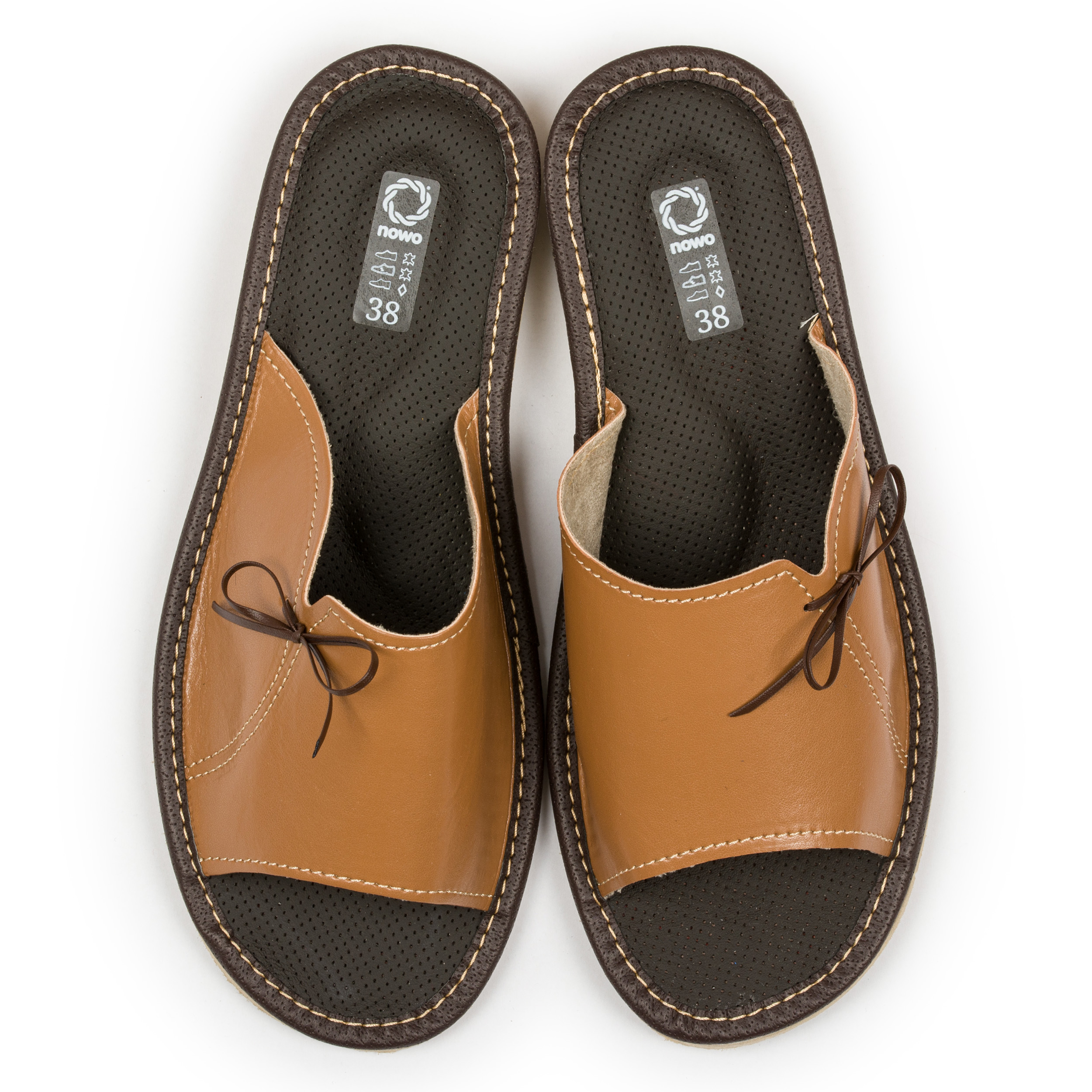 Damskie pantofle kapcie brązowe skóra kokardka 41