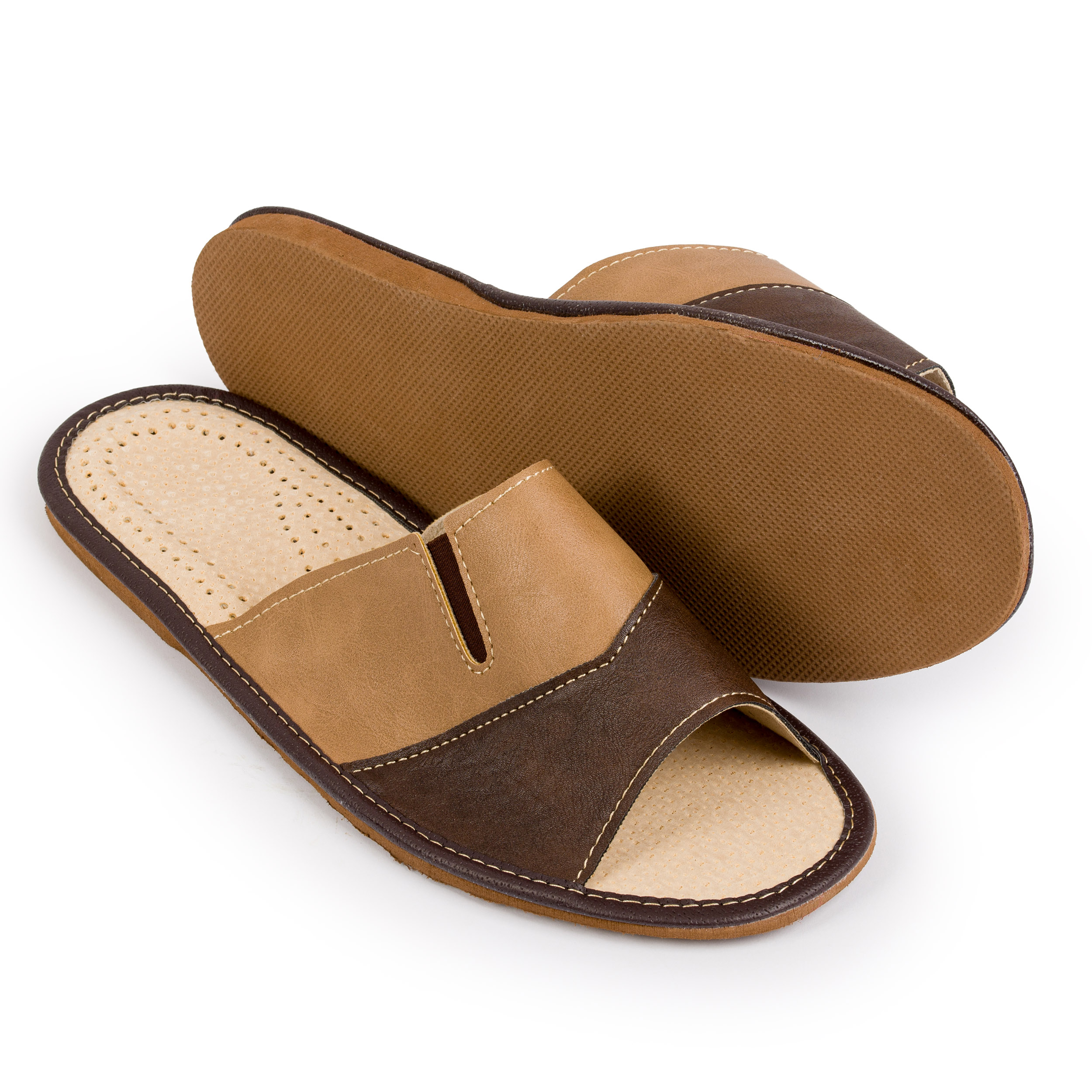 Kapcie Klapki Pantofle Domowe Męskie Skórzane Brązowe 43