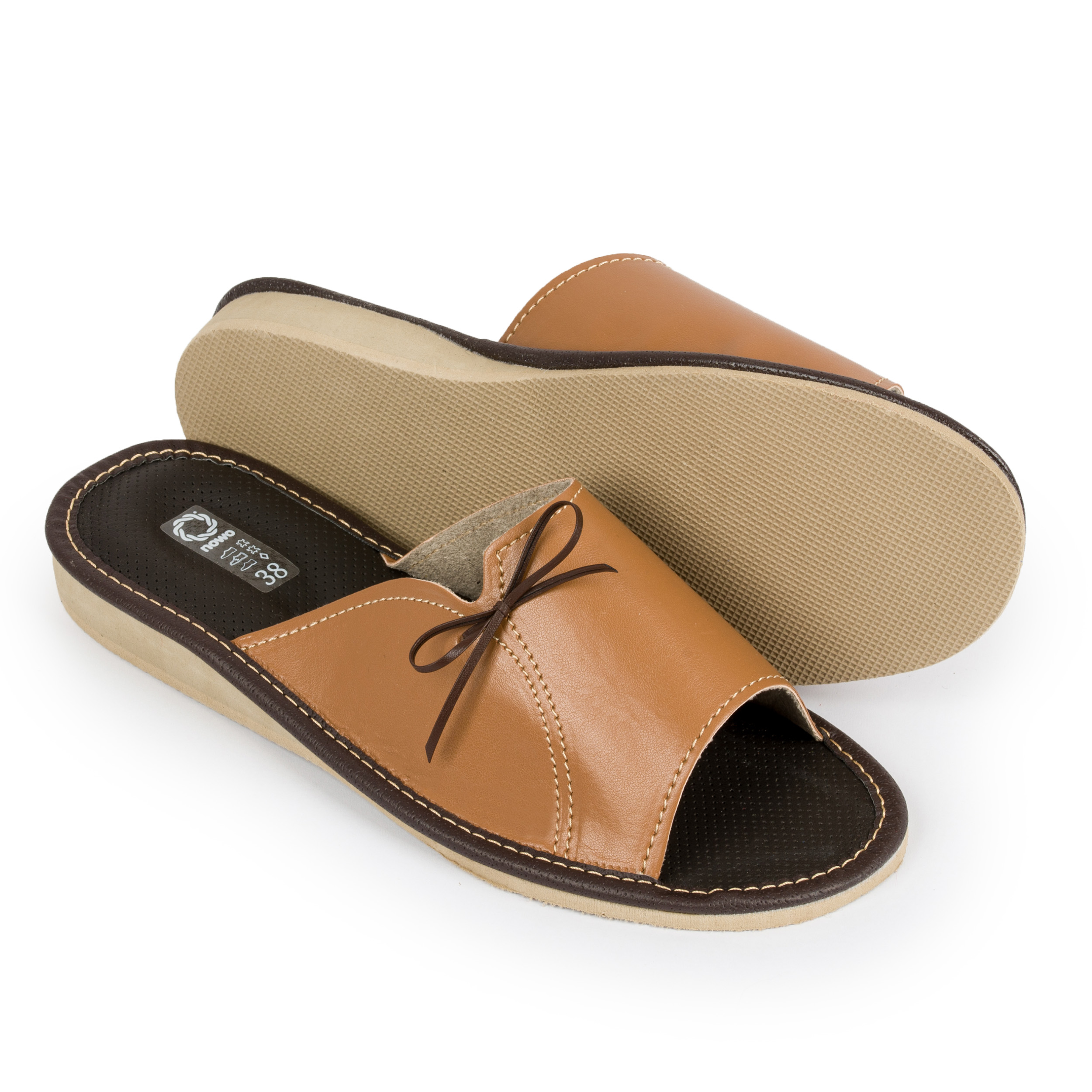 Damskie pantofle kapcie brązowe skóra kokardka 41