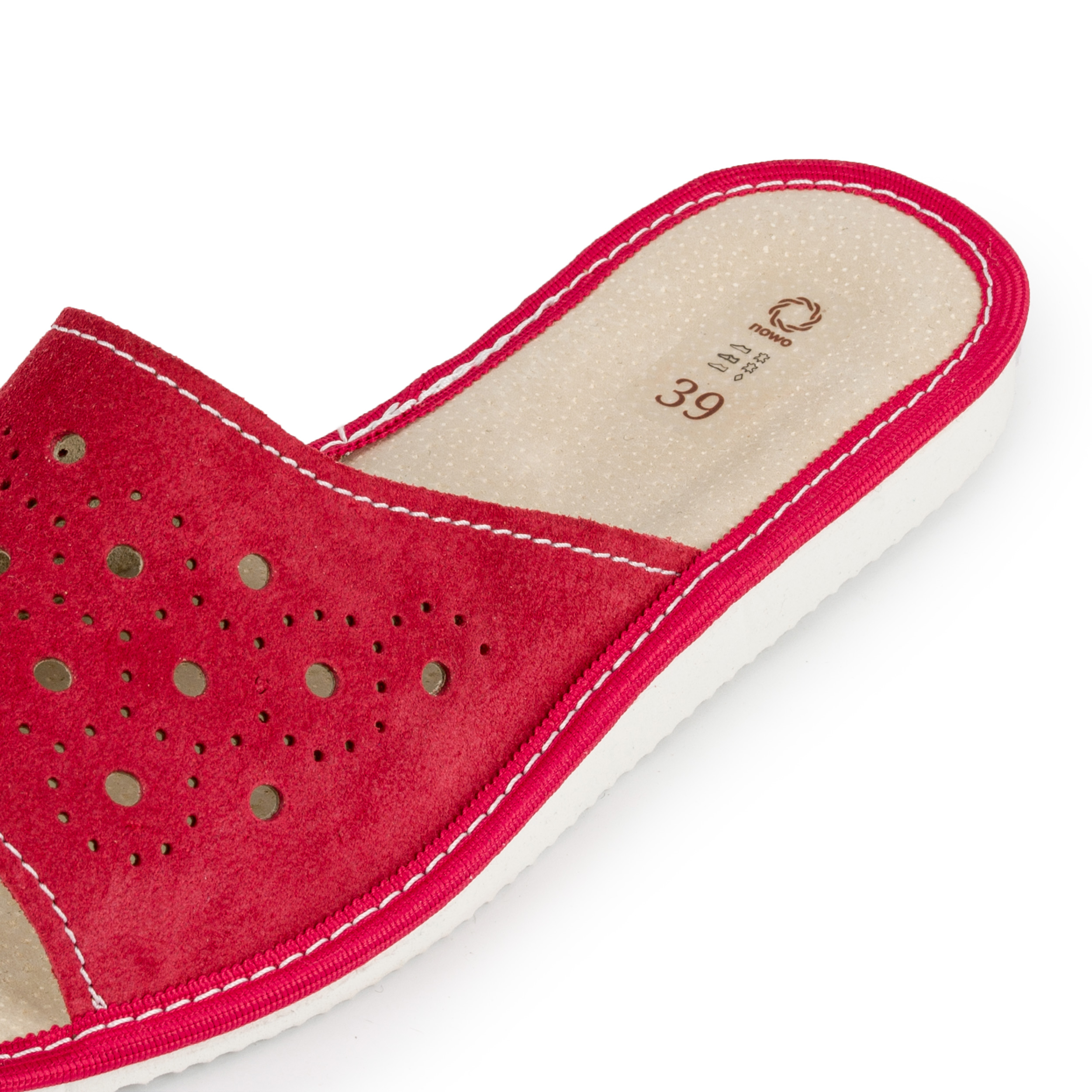 Kapcie damskie ażurowe czerwone zamsz skóra