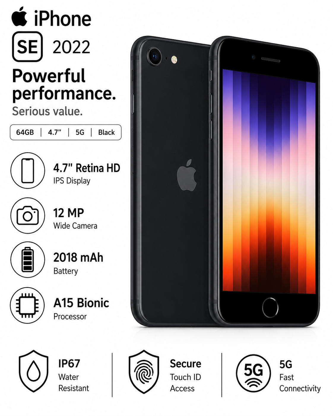 Apple iPhone SE 2022 64Go 3ème Génération Noir | Reconditionné correct – image 2
