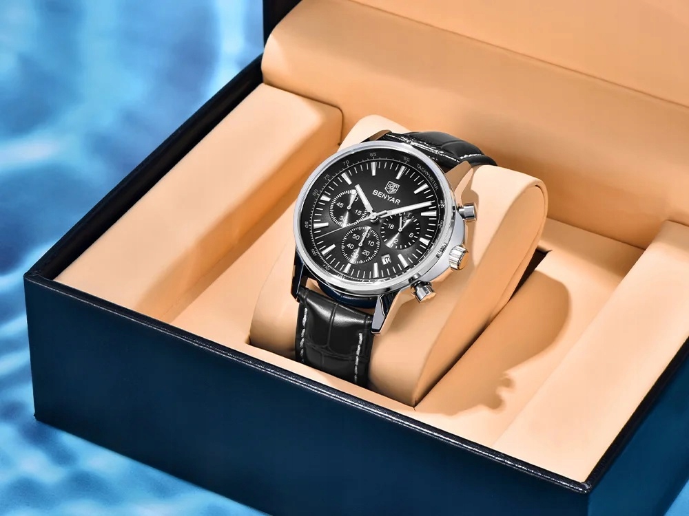 CZARNY ZEGAREK MĘSKI BENYAR NA SKÓRZANYM PASKU DATOWNIK CHRONOGRAF PUDEŁKO 9