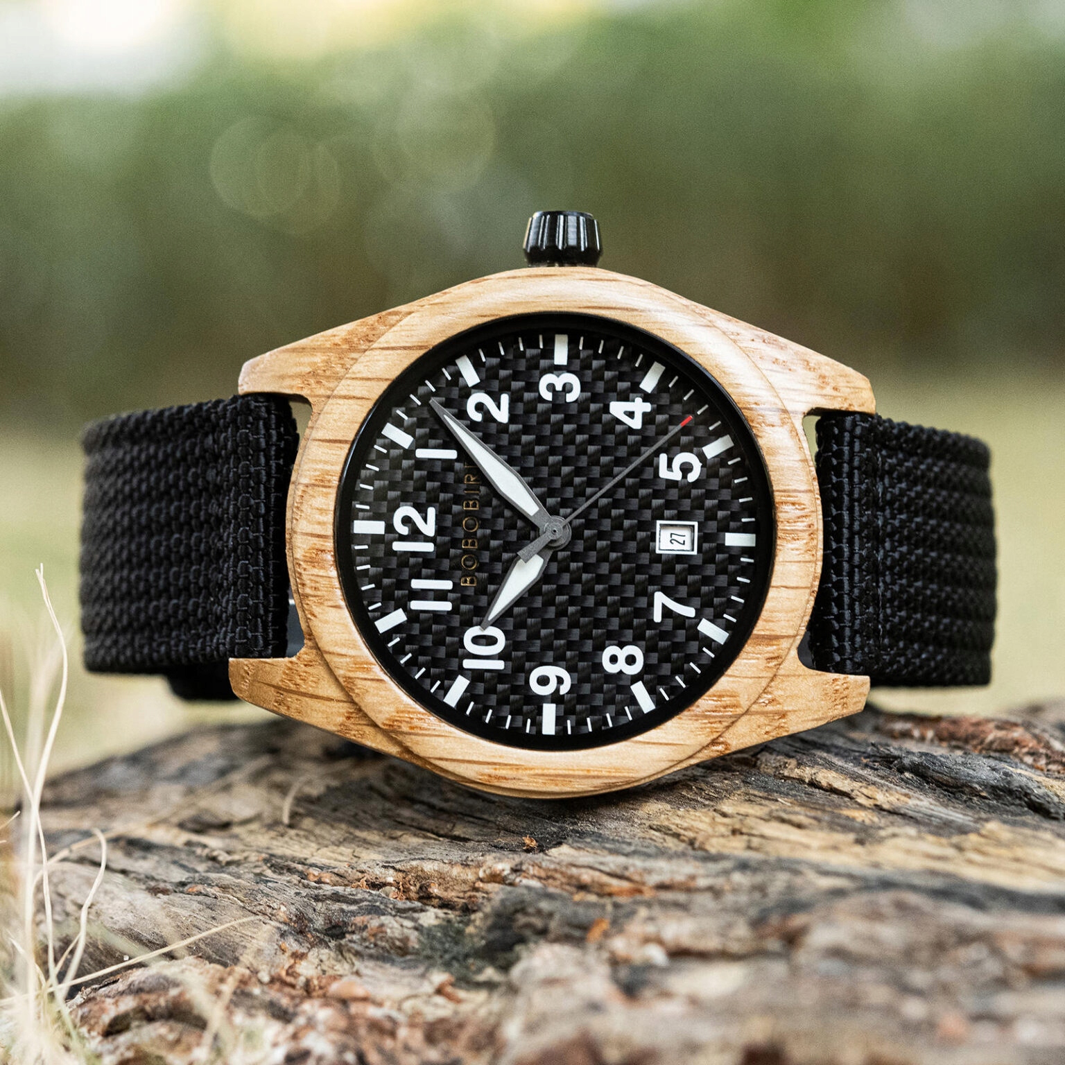 DREWNIANY ZEGAREK MĘSKI BOBO BIRD T165-2 ELEGANCKI NYLONOWY PASEK PUDEŁKO 7