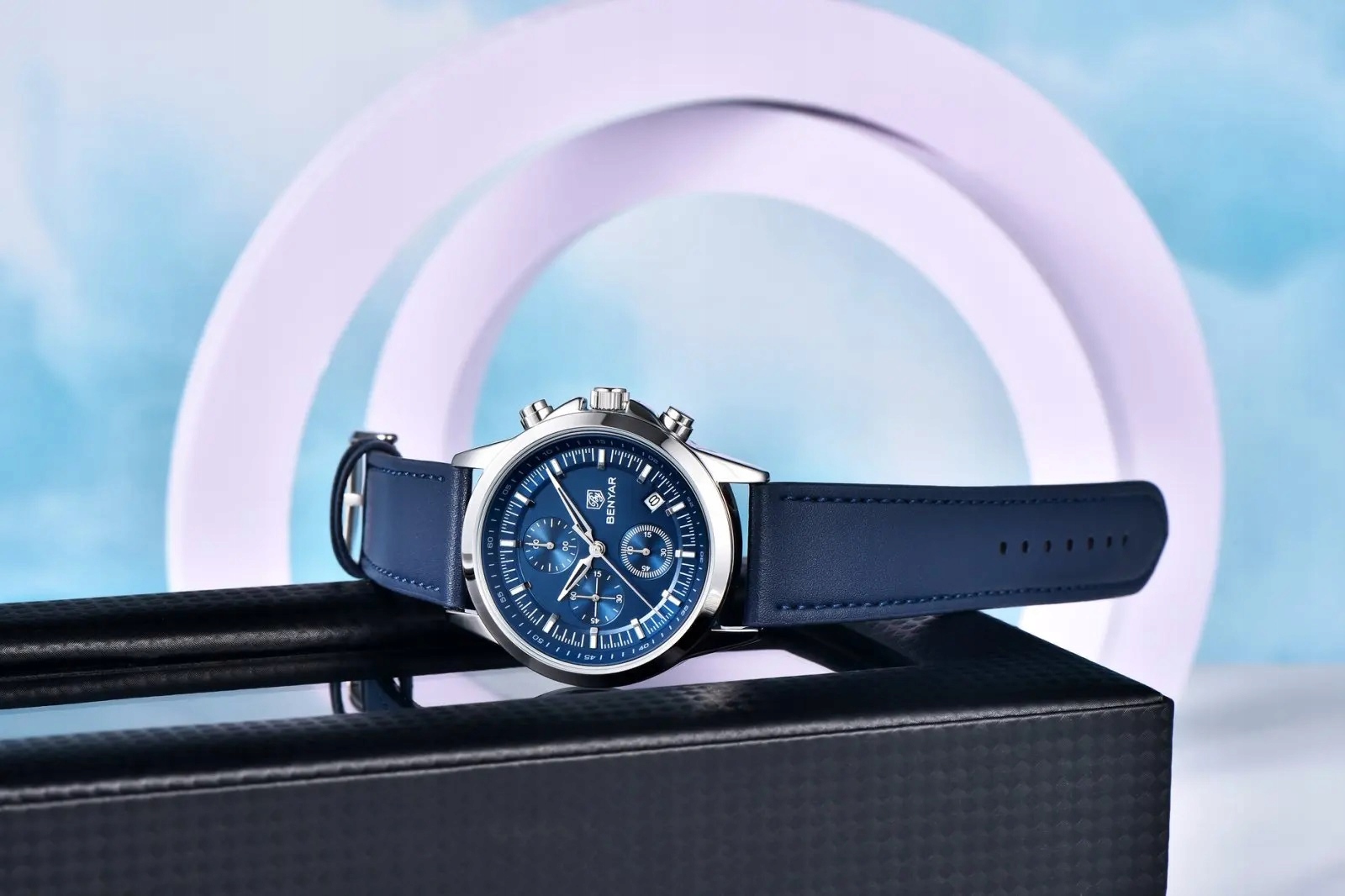 CZARNY ZEGAREK MĘSKI BENYAR NA SKÓRZANYM PASKU ELEGANCKI CHRONOGRAF PUDEŁKO 9 CZARNY ZEGAREK MĘSKI BENYAR NA SKÓRZANYM PASKU ELEGANCKI CHRONOGRAF PUDEŁKO 9