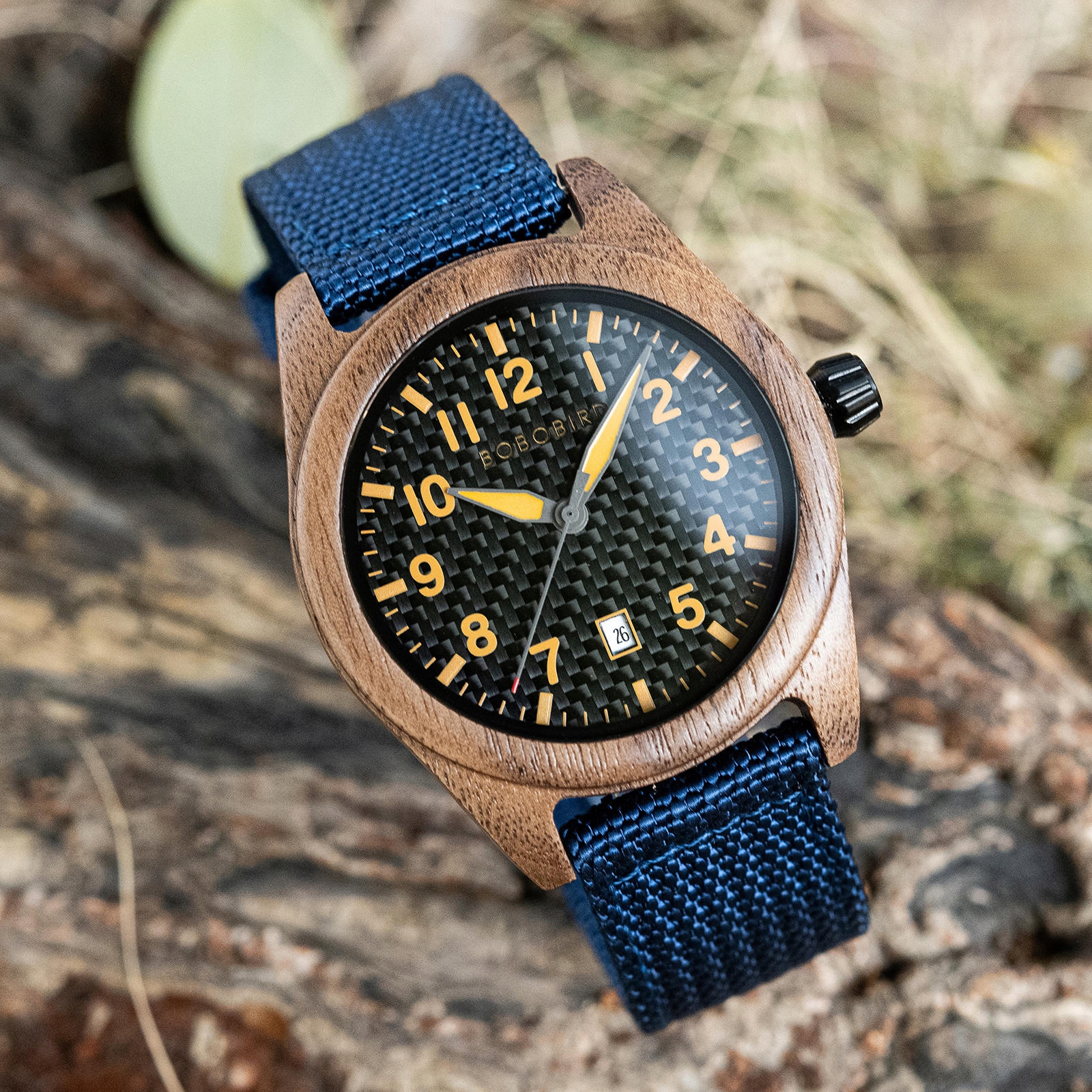 DREWNIANY ZEGAREK MĘSKI BOBO BIRD T165-2 ELEGANCKI NYLONOWY PASEK PUDEŁKO 11