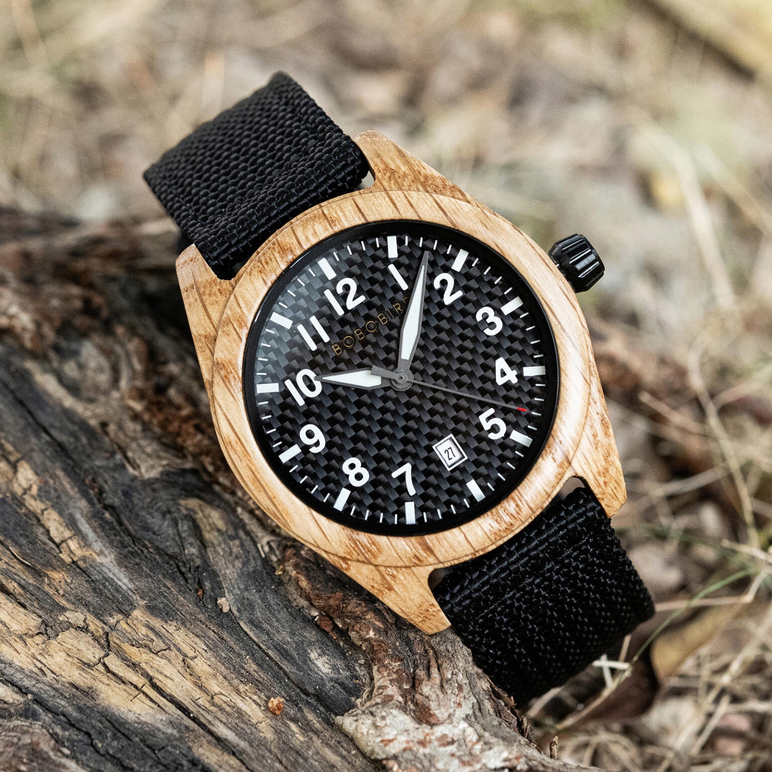 DREWNIANY ZEGAREK MĘSKI BOBO BIRD T165-2 ELEGANCKI NYLONOWY PASEK PUDEŁKO 6