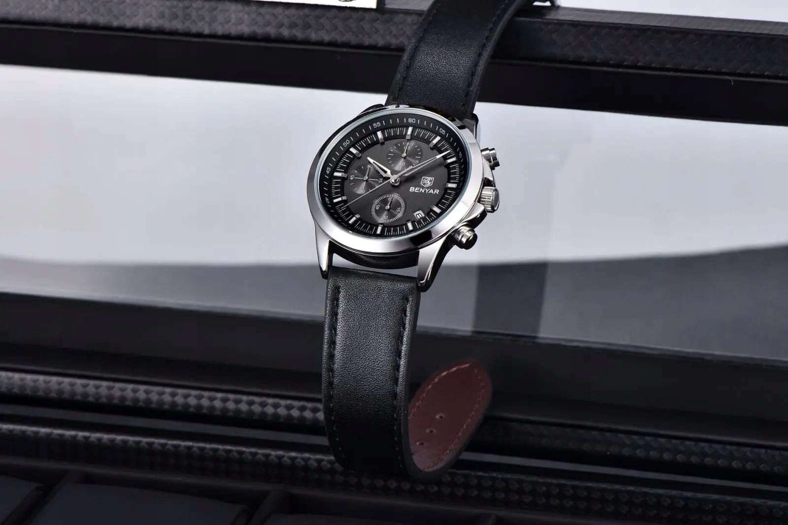 CZARNY ZEGAREK MĘSKI BENYAR NA SKÓRZANYM PASKU ELEGANCKI CHRONOGRAF PUDEŁKO 7 CZARNY ZEGAREK MĘSKI BENYAR NA SKÓRZANYM PASKU ELEGANCKI CHRONOGRAF PUDEŁKO 7