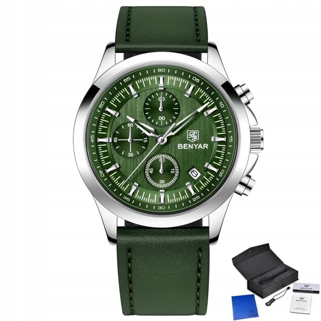 CZARNY ZEGAREK MĘSKI BENYAR NA SKÓRZANYM PASKU ELEGANCKI CHRONOGRAF PUDEŁKO 6 CZARNY ZEGAREK MĘSKI BENYAR NA SKÓRZANYM PASKU ELEGANCKI CHRONOGRAF PUDEŁKO 6