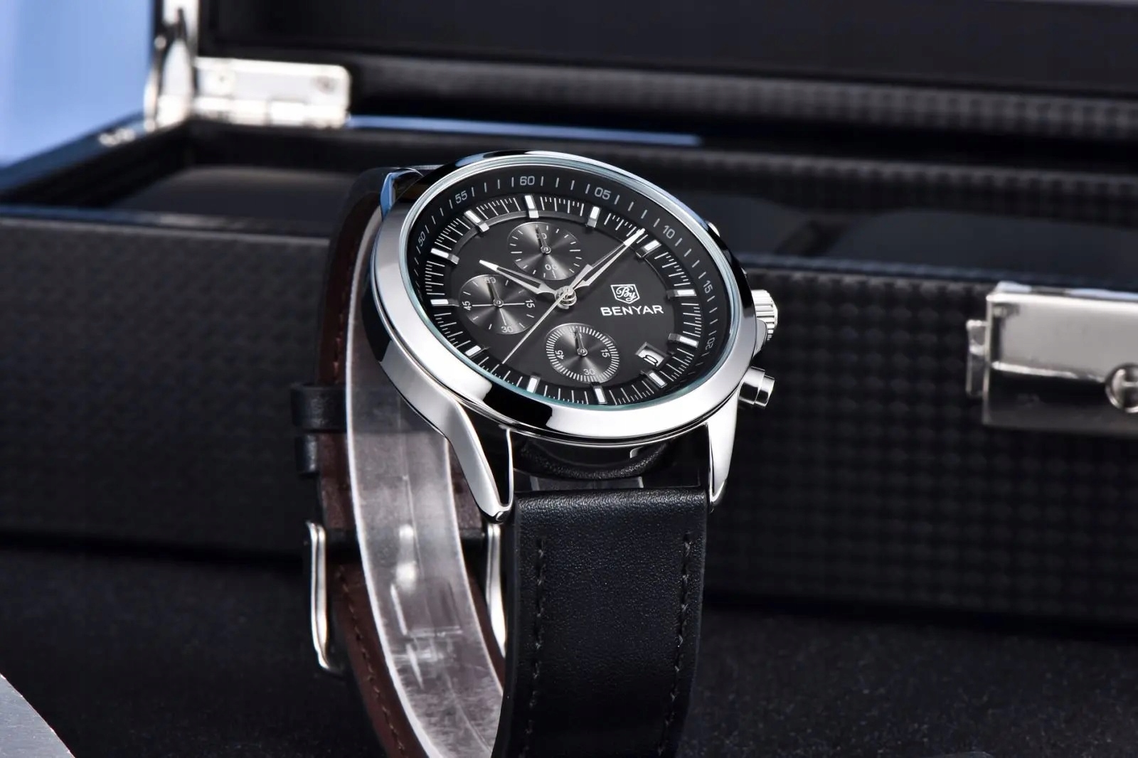 CZARNY ZEGAREK MĘSKI BENYAR NA SKÓRZANYM PASKU ELEGANCKI CHRONOGRAF PUDEŁKO 9 CZARNY ZEGAREK MĘSKI BENYAR NA SKÓRZANYM PASKU ELEGANCKI CHRONOGRAF PUDEŁKO 9