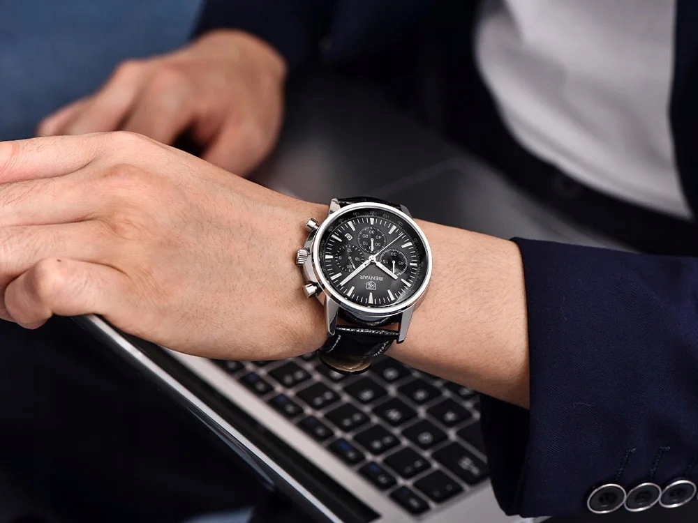 CZARNY ZEGAREK MĘSKI BENYAR NA SKÓRZANYM PASKU DATOWNIK CHRONOGRAF PUDEŁKO 15