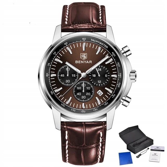 BRĄZOWY ZEGAREK MĘSKI BENYAR NA SKÓRZANYM PASKU DATOWNIK CHRONOGRAF PUDEŁKO 7