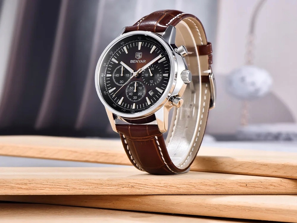 BRĄZOWY ZEGAREK MĘSKI BENYAR NA SKÓRZANYM PASKU DATOWNIK CHRONOGRAF PUDEŁKO 10