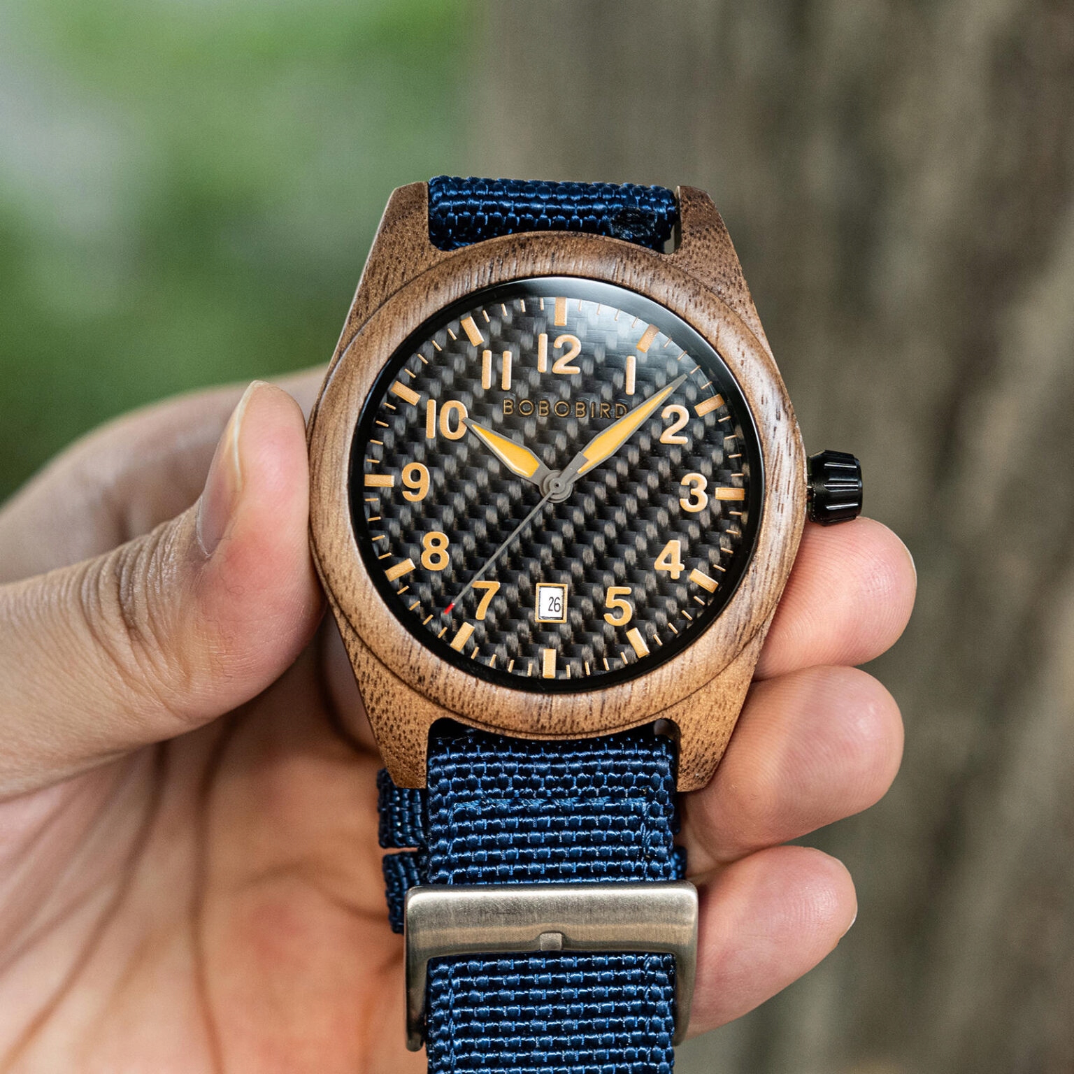 DREWNIANY ZEGAREK MĘSKI BOBO BIRD T165-2 ELEGANCKI NYLONOWY PASEK PUDEŁKO 7