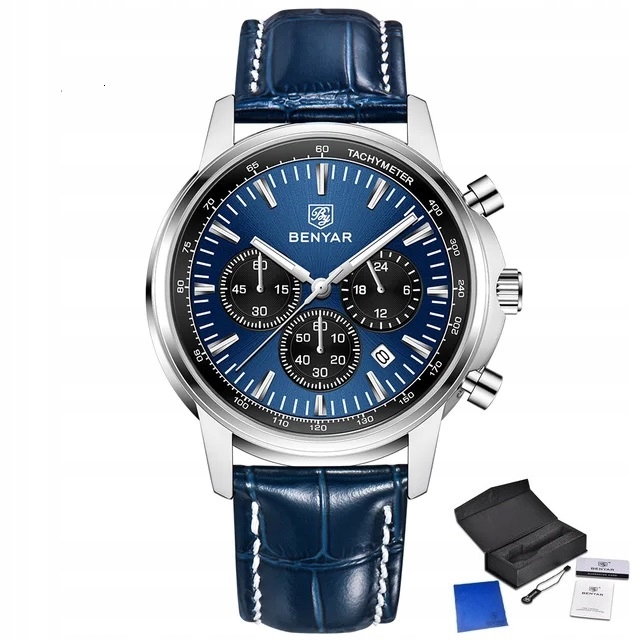 NIEBIESKI ZEGAREK MĘSKI BENYAR SKÓRZANY PASKEK DATOWNIK CHRONOGRAF PUDEŁKO 10 NIEBIESKI ZEGAREK MĘSKI BENYAR SKÓRZANY PASKEK DATOWNIK CHRONOGRAF PUDEŁKO 10