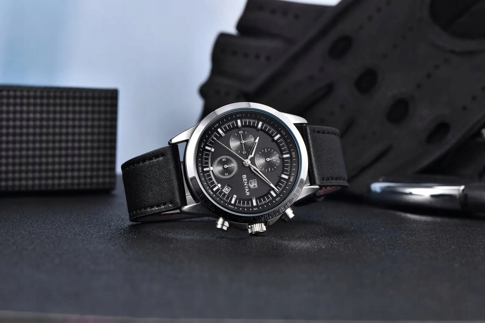 CZARNY ZEGAREK MĘSKI BENYAR NA SKÓRZANYM PASKU ELEGANCKI CHRONOGRAF PUDEŁKO 11 CZARNY ZEGAREK MĘSKI BENYAR NA SKÓRZANYM PASKU ELEGANCKI CHRONOGRAF PUDEŁKO 11