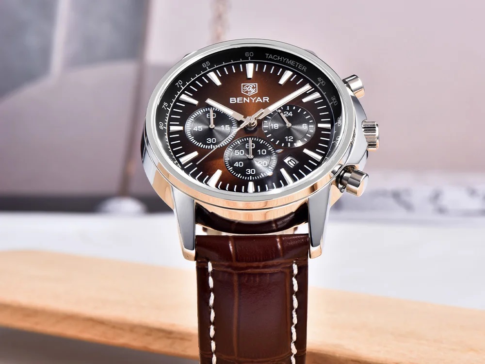 BRĄZOWY ZEGAREK MĘSKI BENYAR NA SKÓRZANYM PASKU DATOWNIK CHRONOGRAF PUDEŁKO 13
